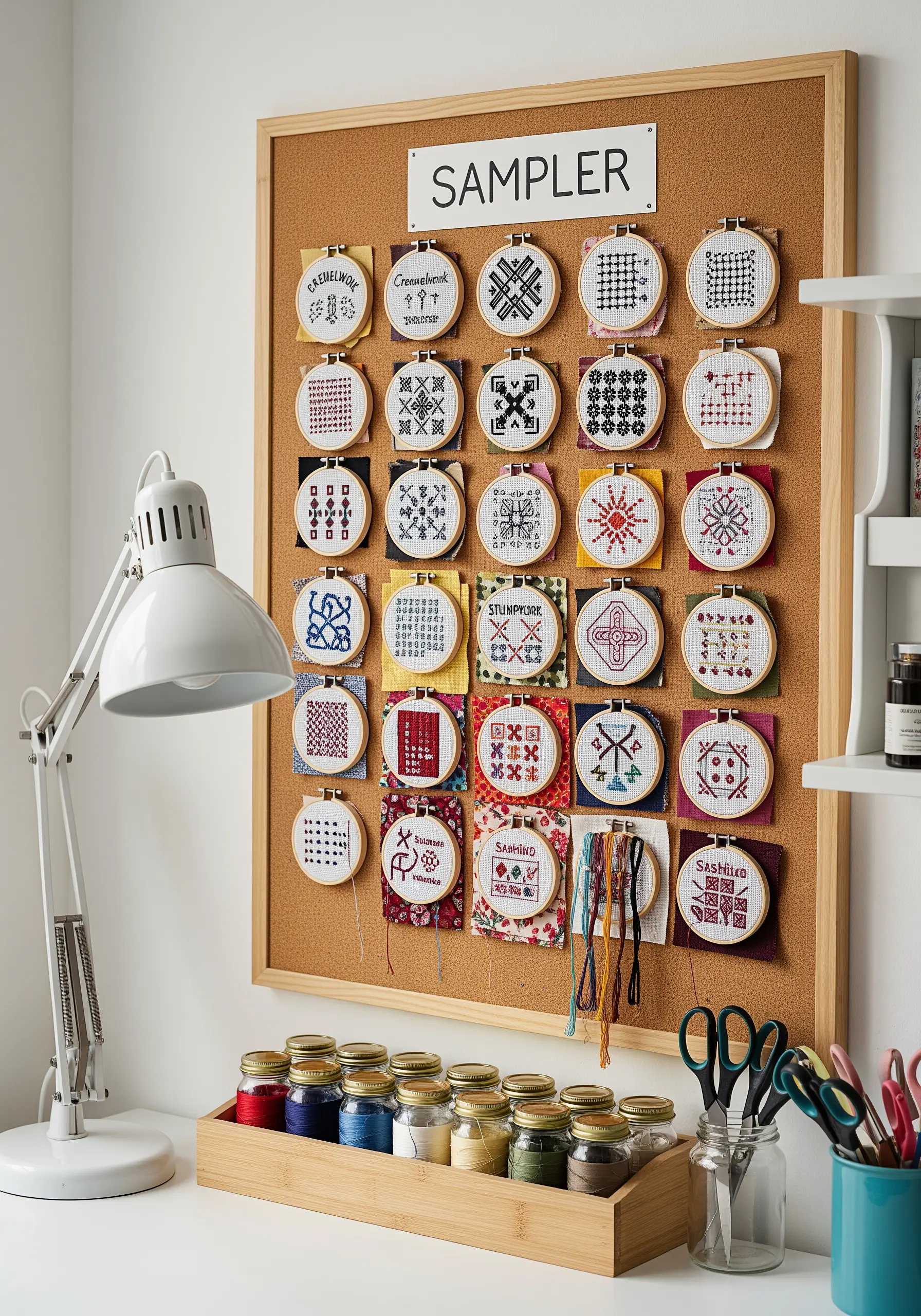 A corkboard filled with dozens of small embroidery hoops, each displaying a different stitch pattern.