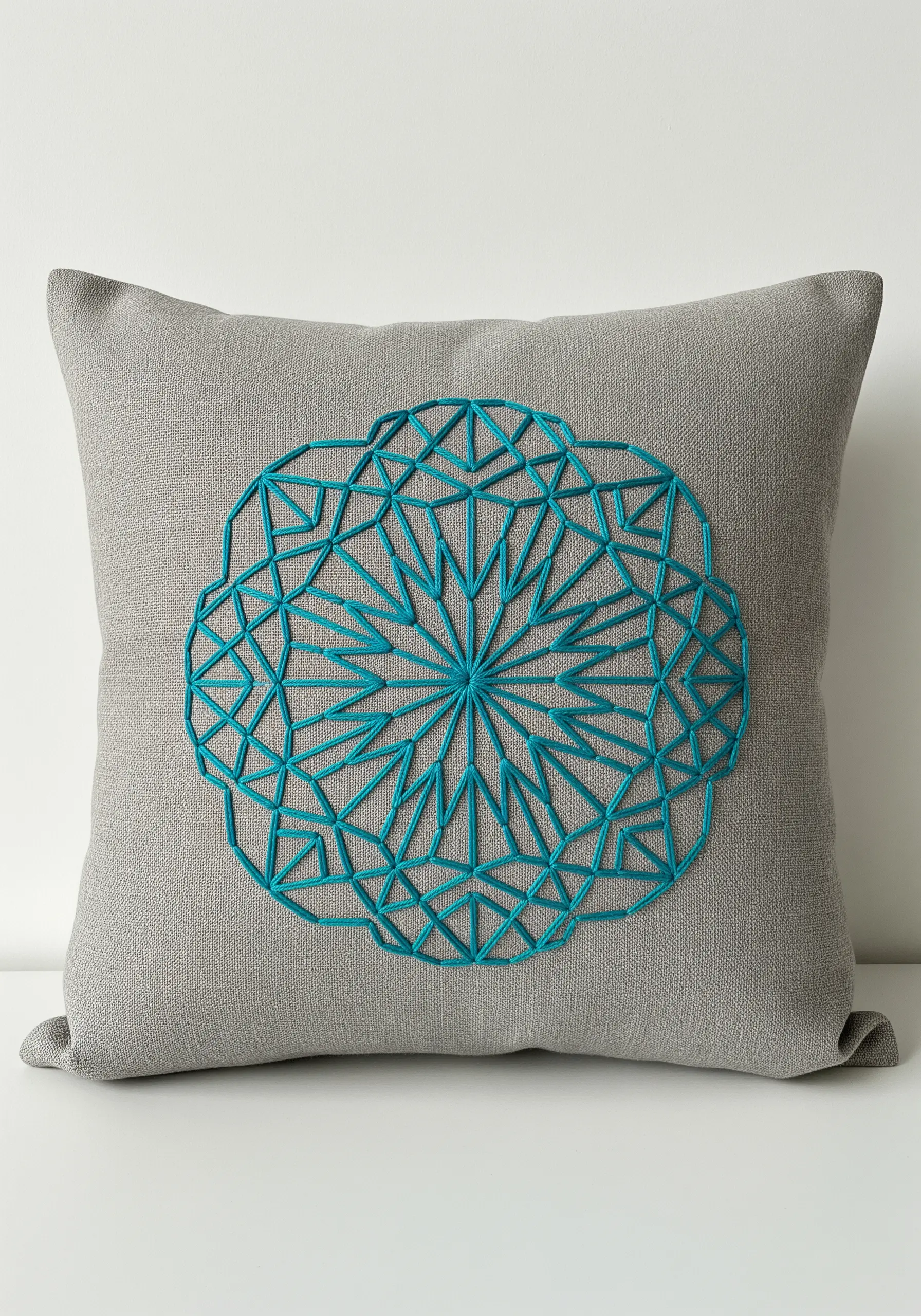 Teal geometric mandala made of straight stitches on a gray linen cushion.