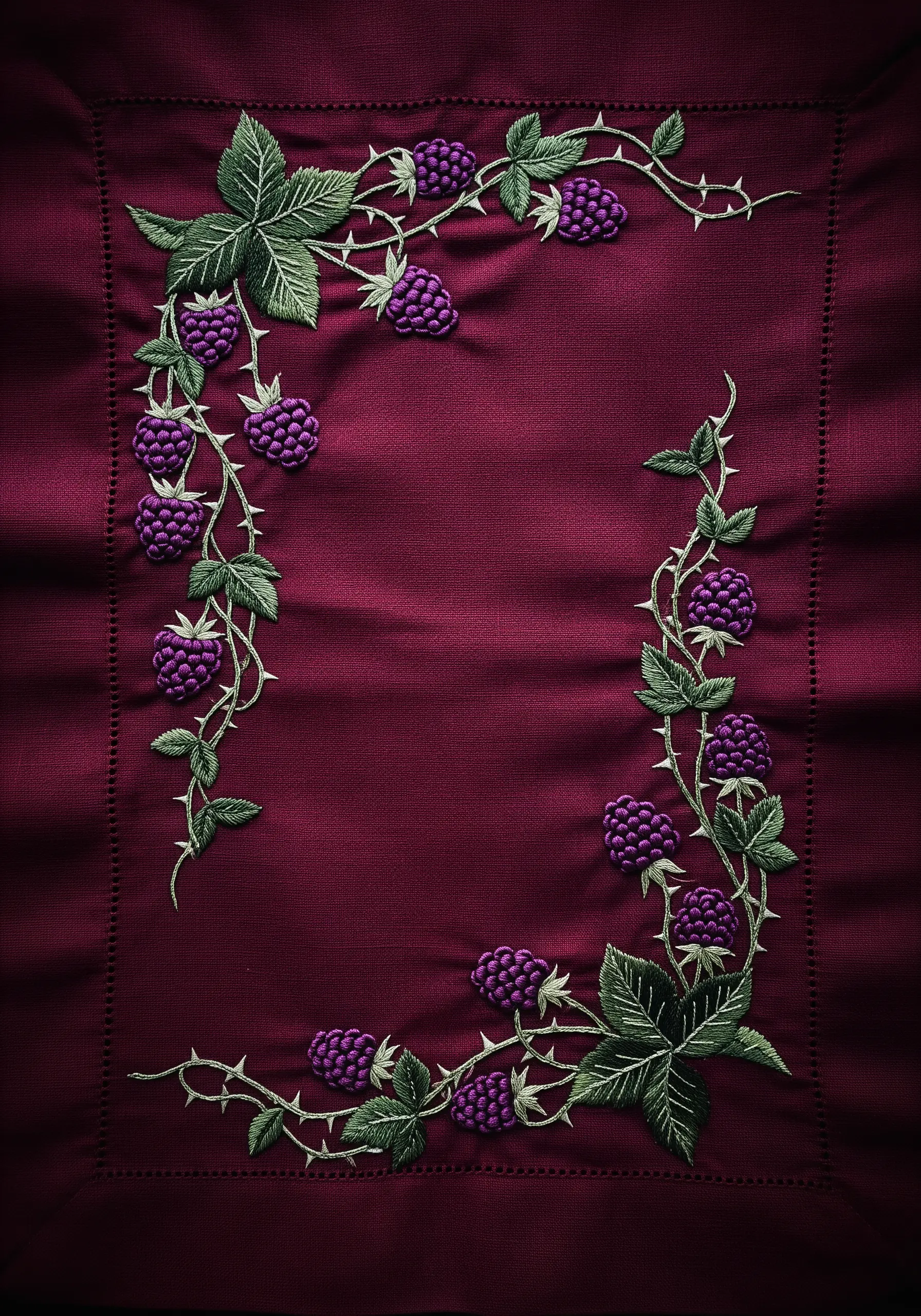 A detailed frame of blackberry vines and leaves on a deep burgundy napkin.