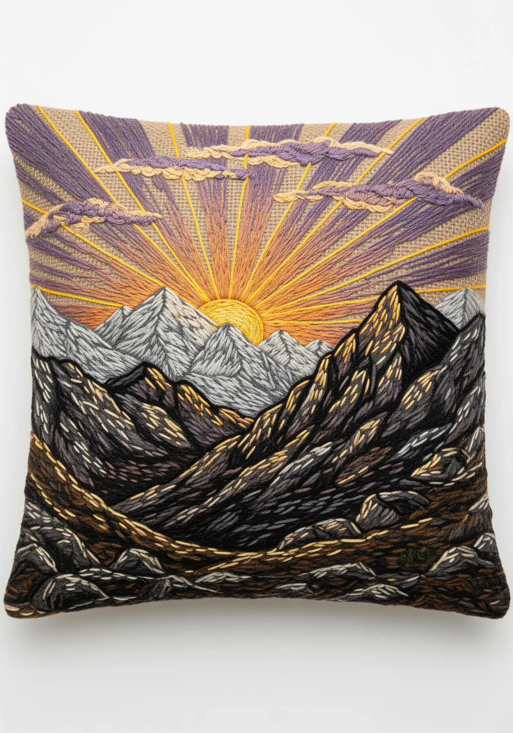 Stylized mountain sunrise embroidered with long, radiating stitches in yellow and purple.