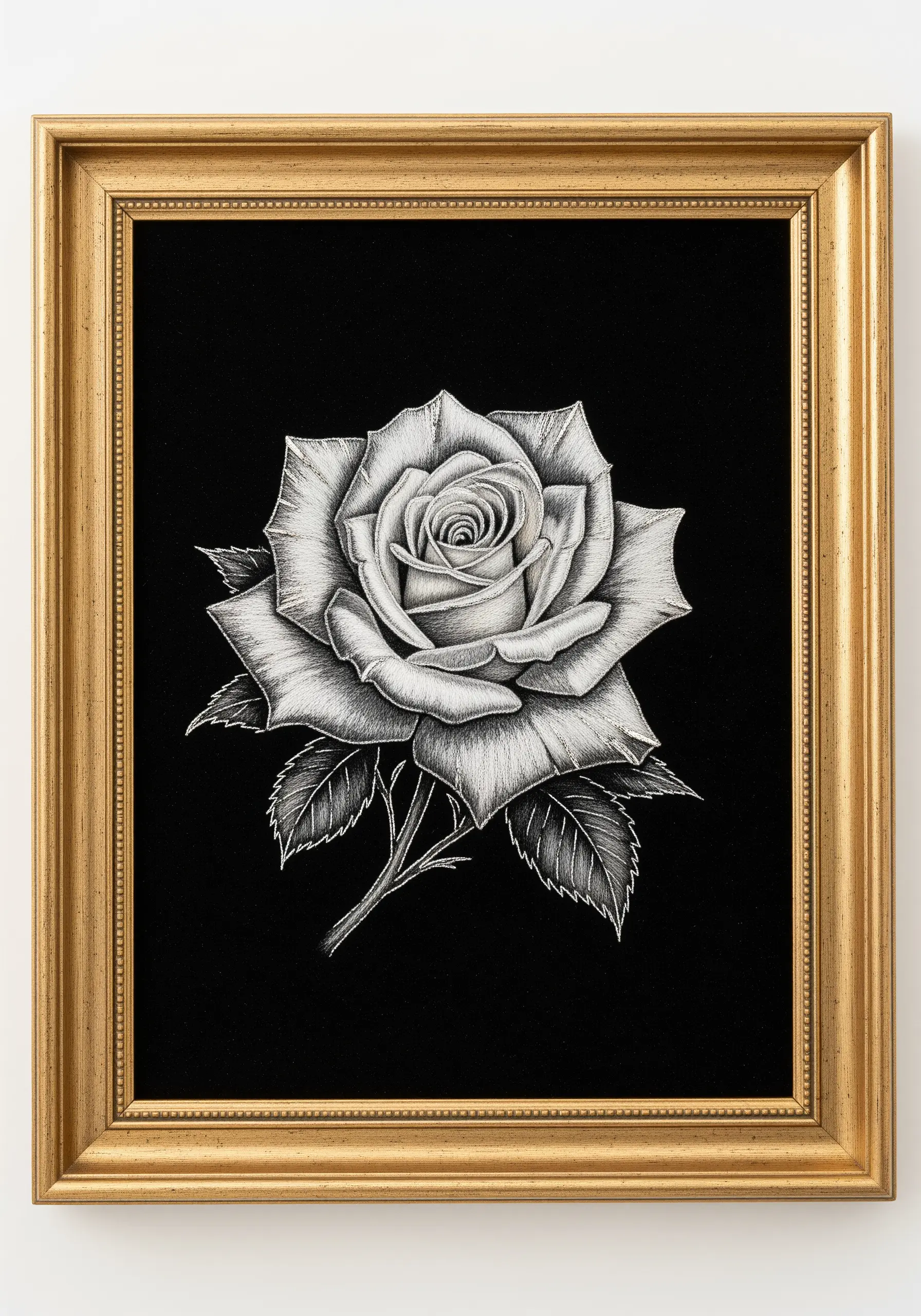 Realistic white rose embroidery on black velvet background