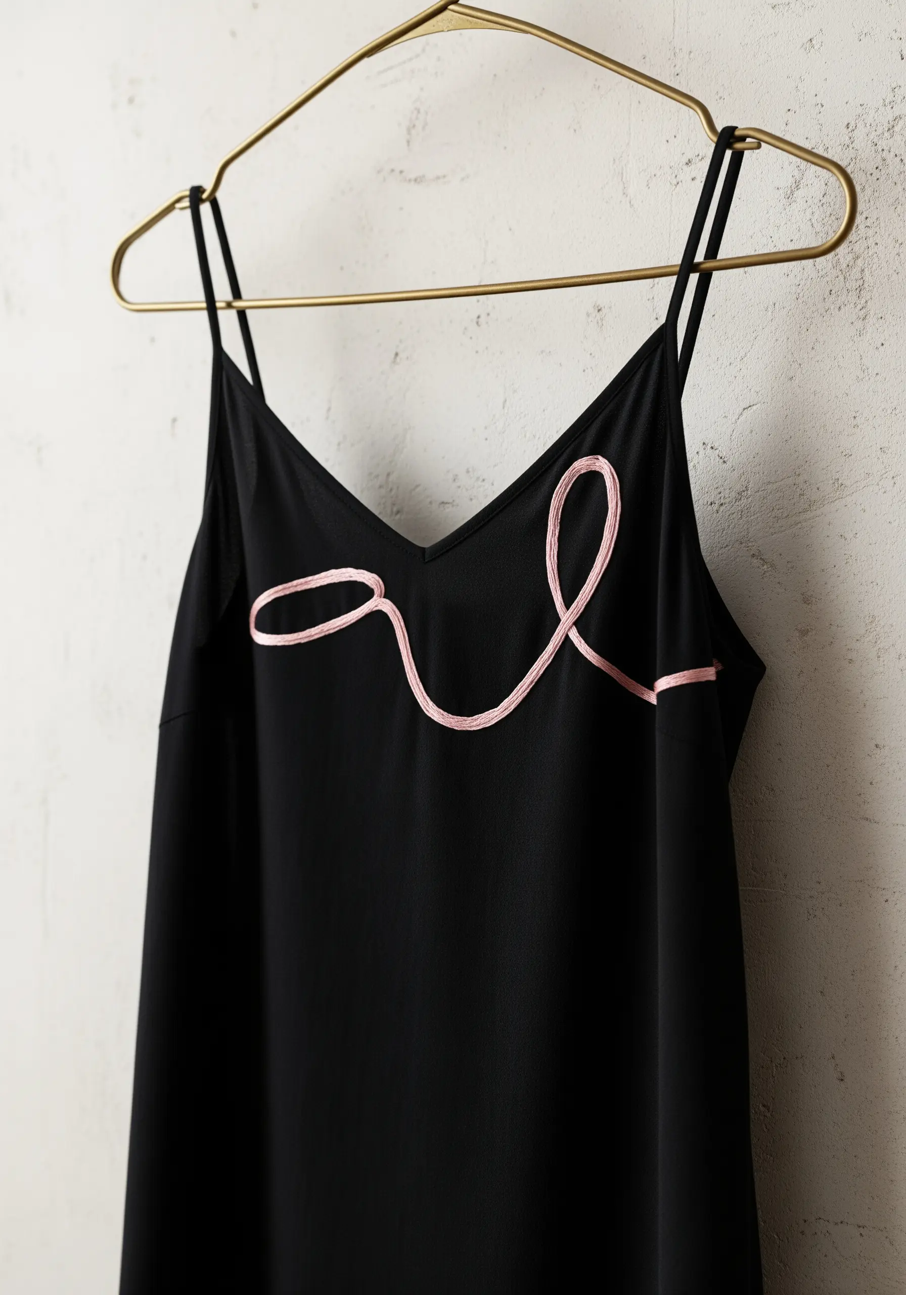 A thick, light pink cord is couched in an abstract swirl across a black camisole.