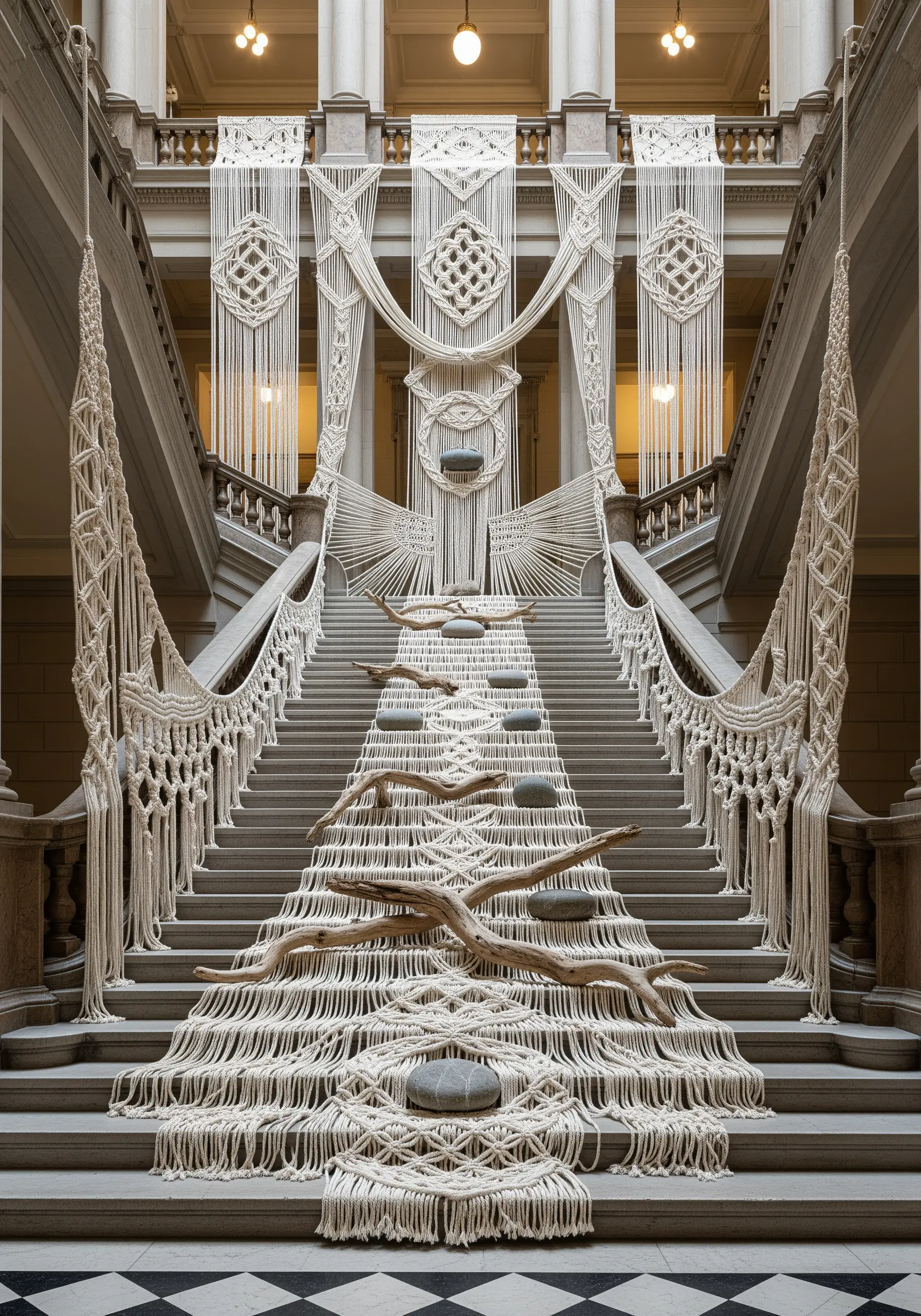 An elaborate macrame installation draping down a grand stone staircase with natural wood elements.