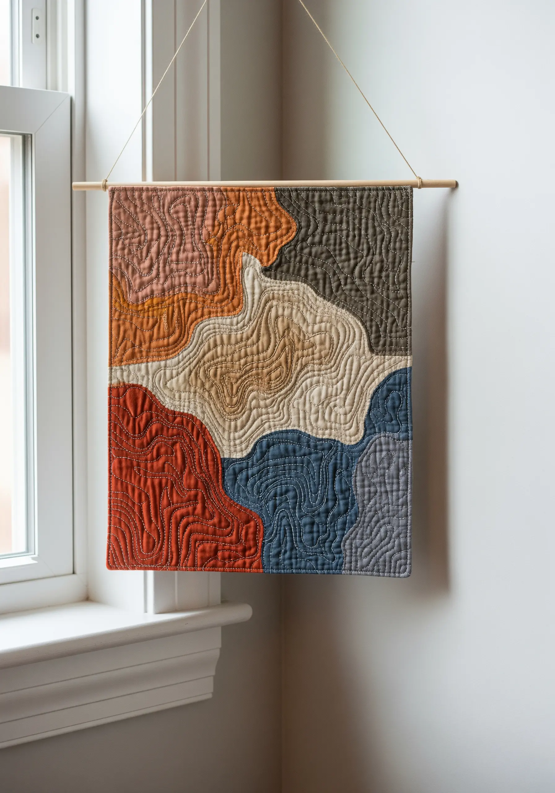 Quilted wall hanging with abstract shapes and dense, topographic stitching.
