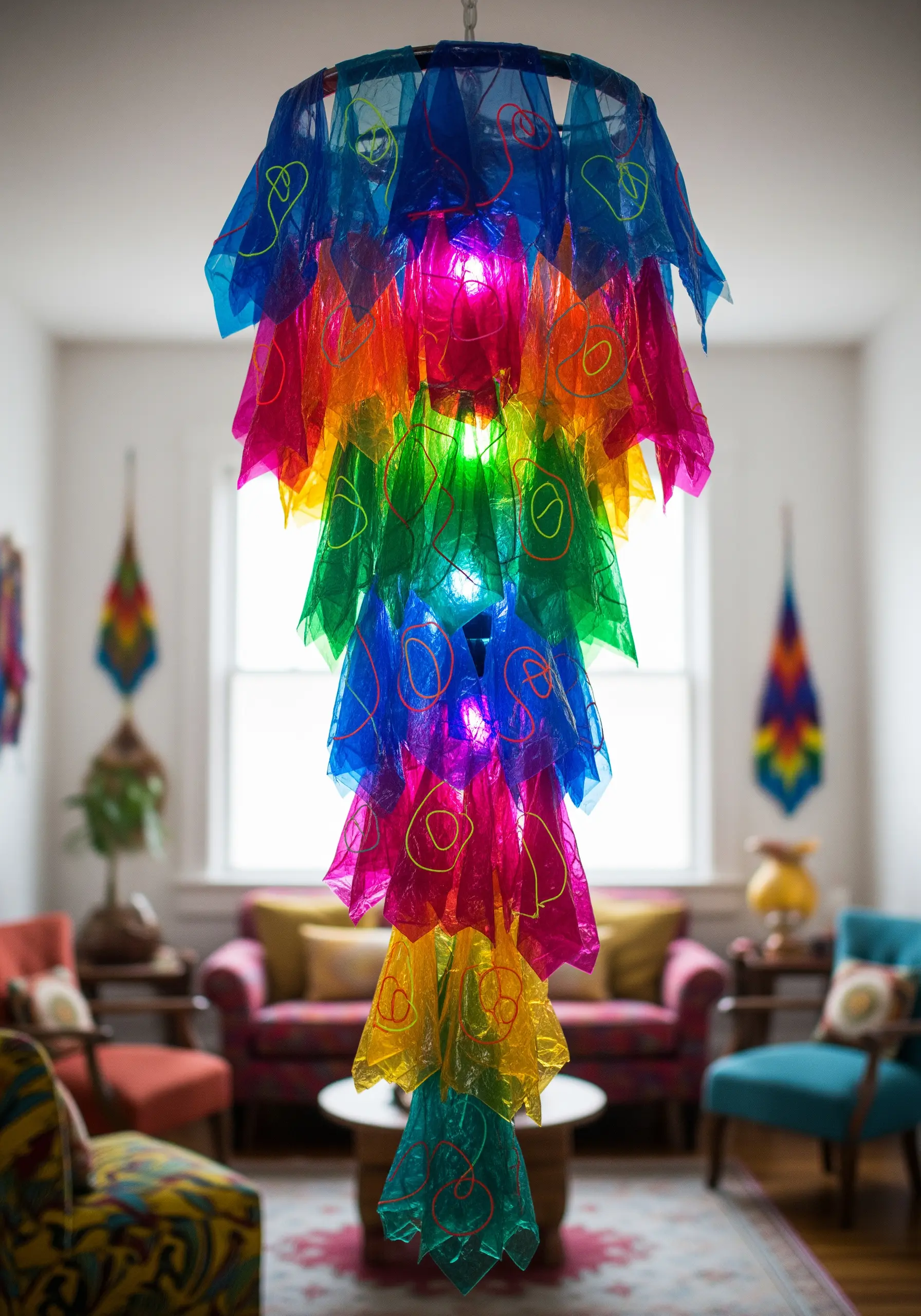 A colorful chandelier made from layered, translucent plastic bags with neon thread stitched on them.