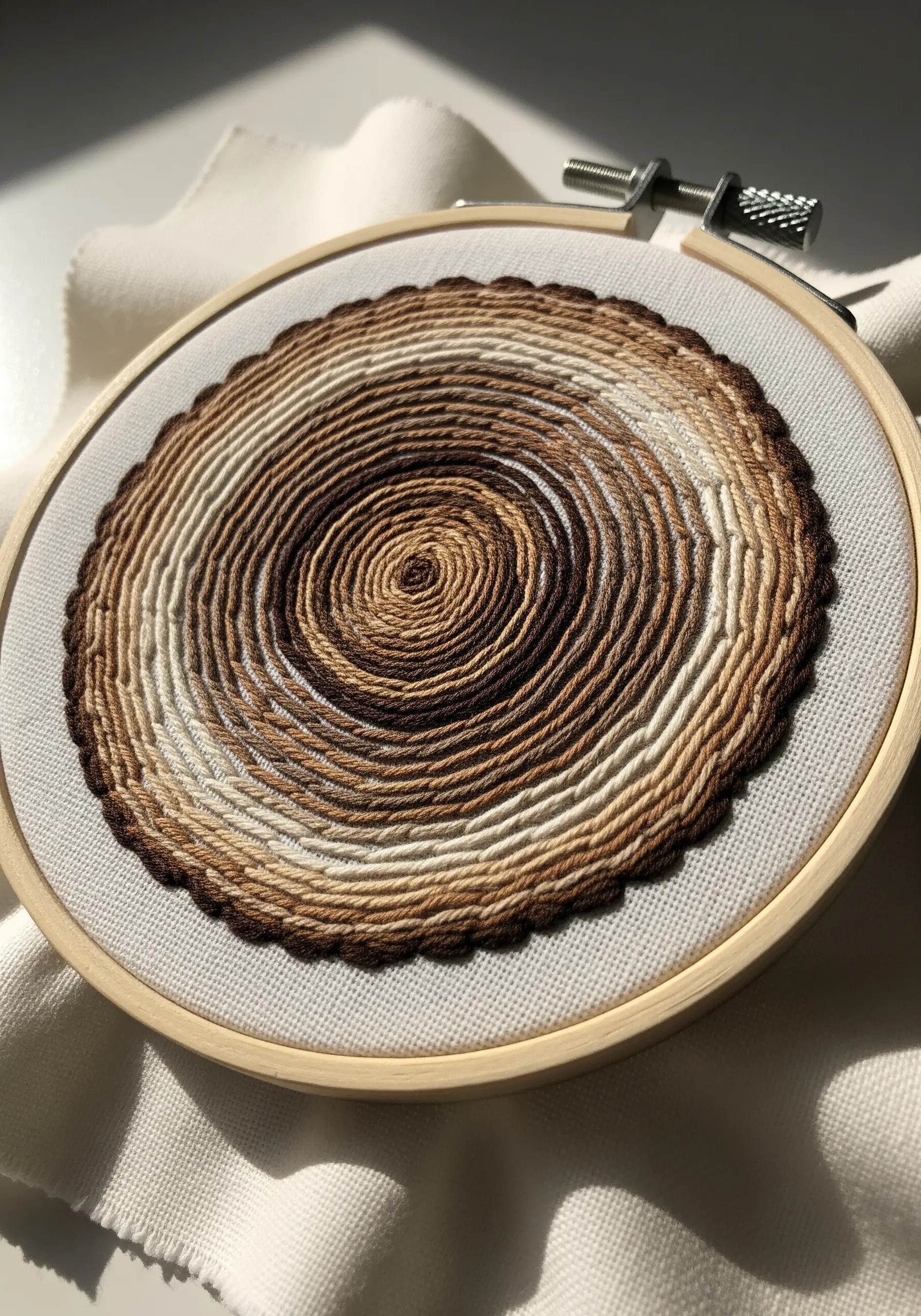Embroidered tree rings in a spiral pattern using shades of brown and beige.
