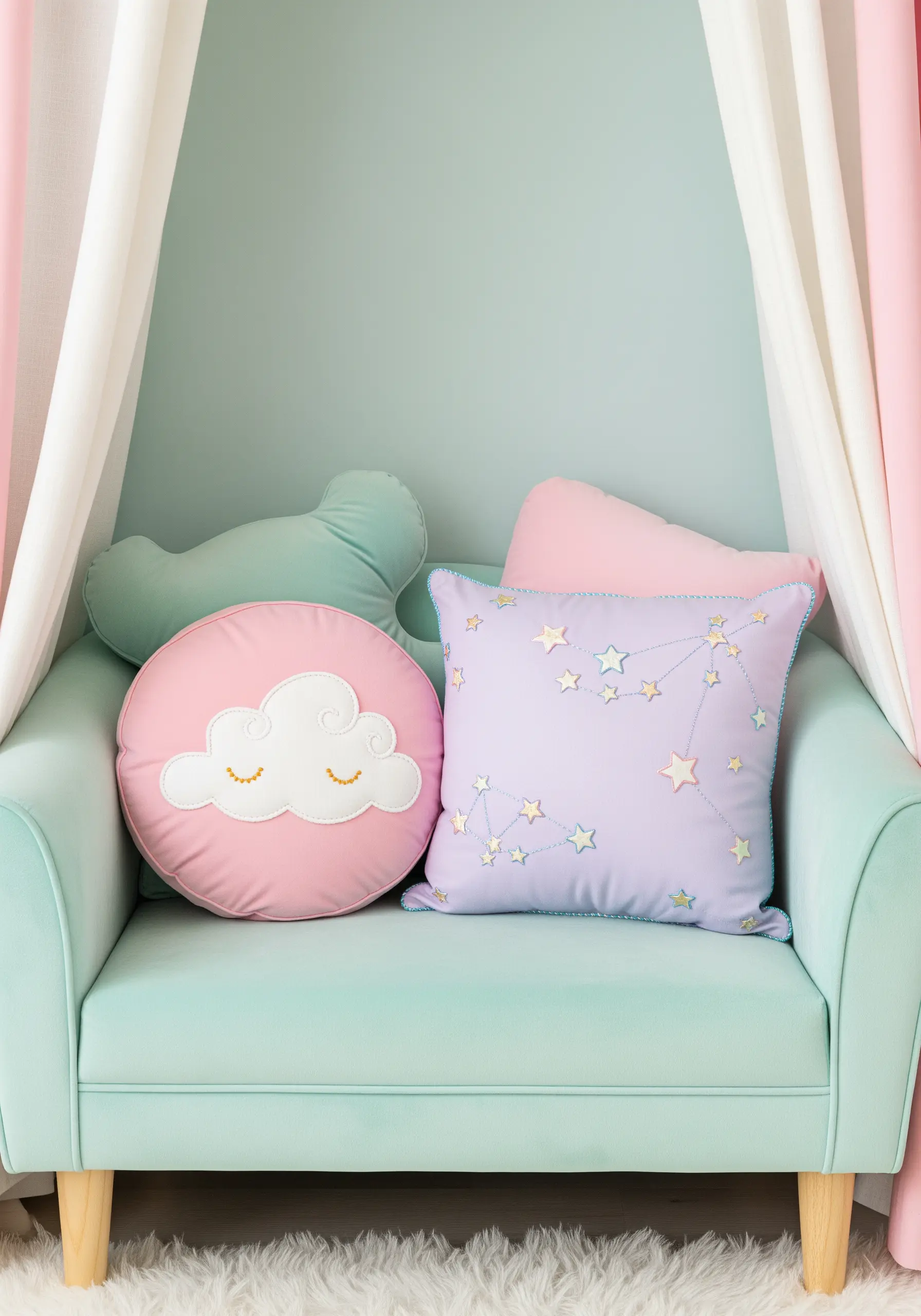 A pastel purple cushion with an embroidered constellation and a pink round cloud-shaped pillow.