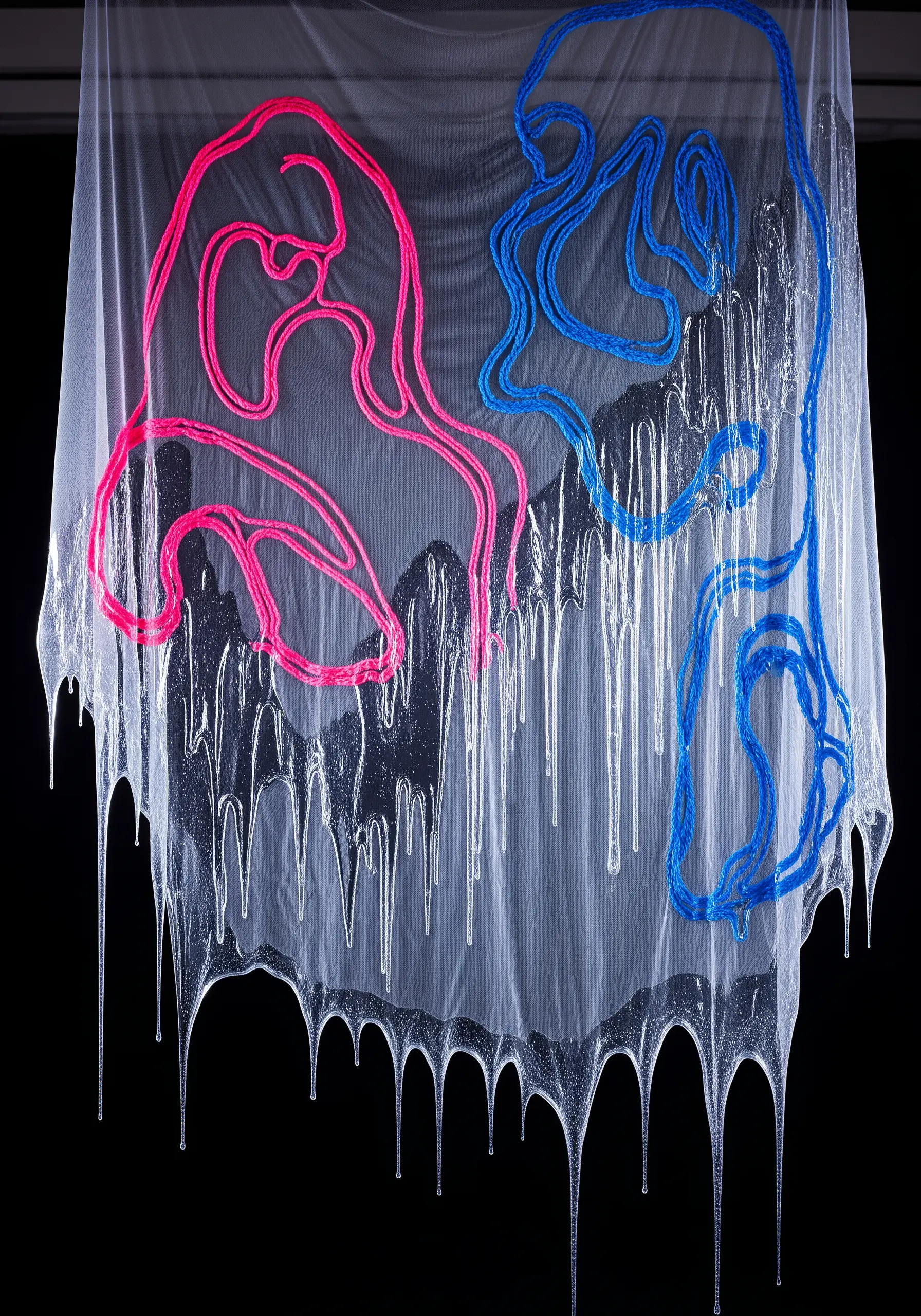 Neon pink and blue yarn embroidery on sheer fabric with clear resin dripping down.