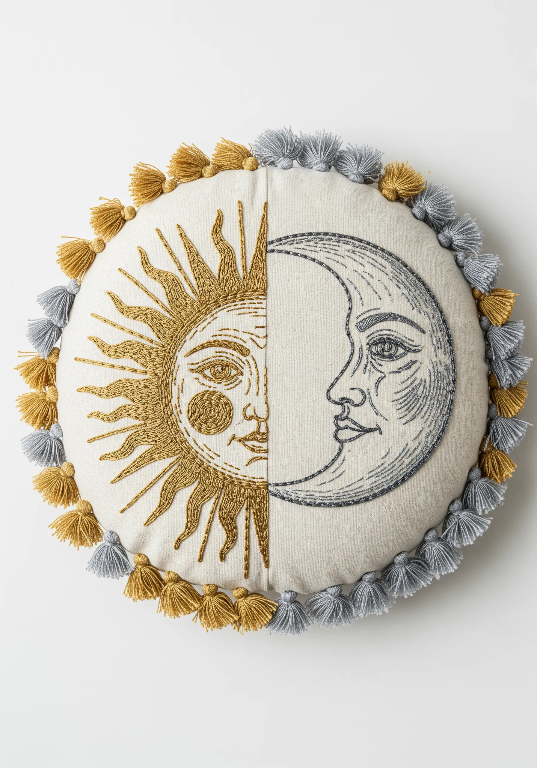A round pillow split between an embroidered sun in gold thread and a moon in gray thread.