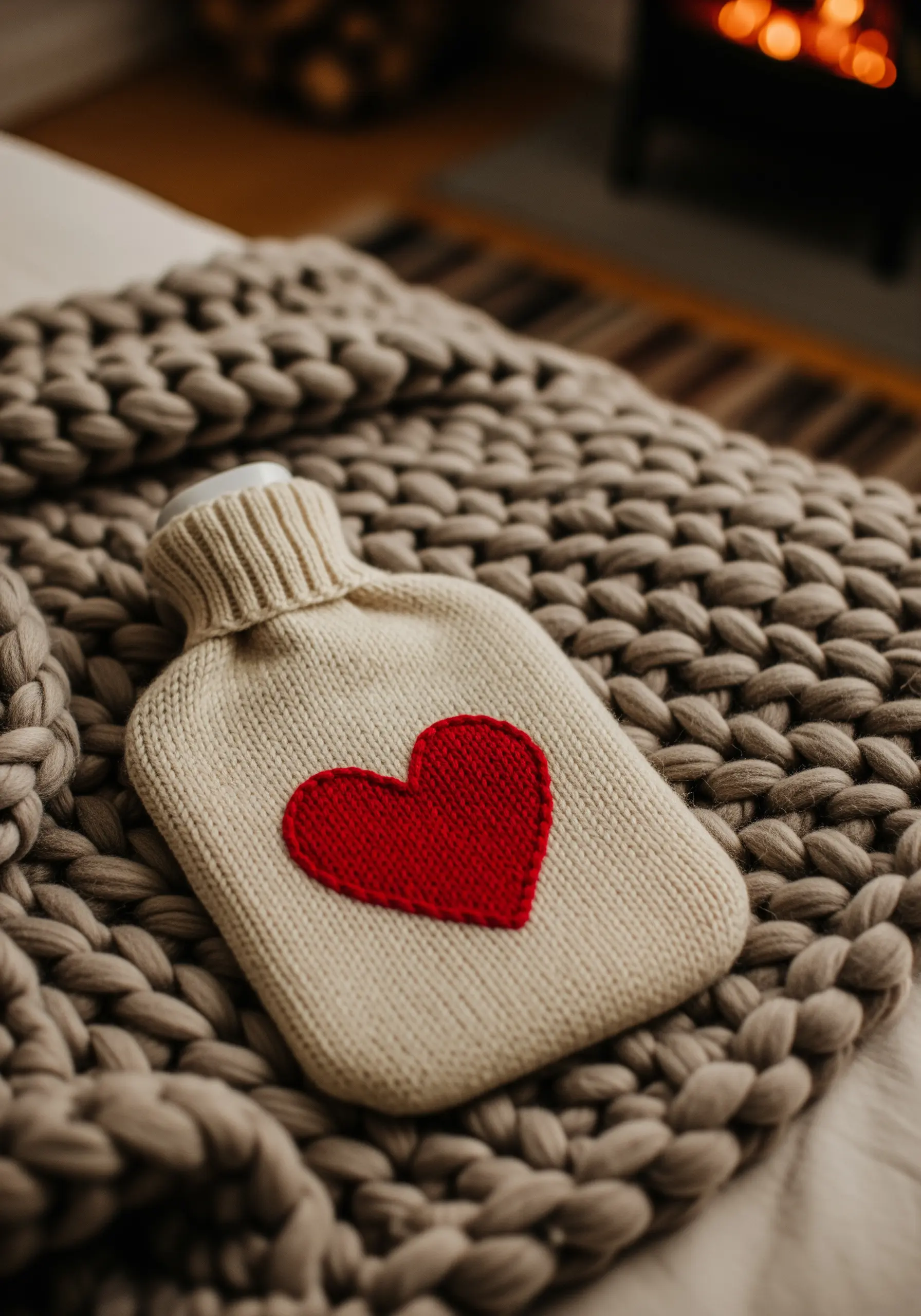 Cream knitted hot water bottle cover with red heart embroidery
