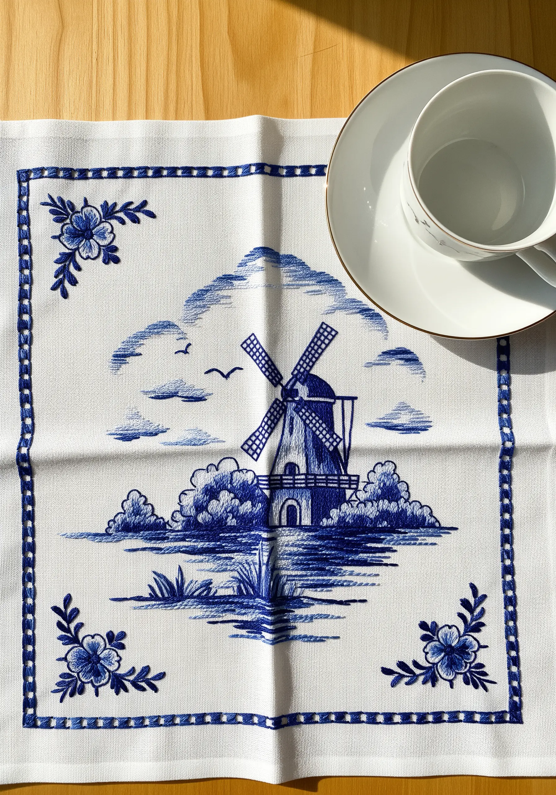 A table napkin embroidered with a Dutch Delft-style windmill scene in blue thread.
