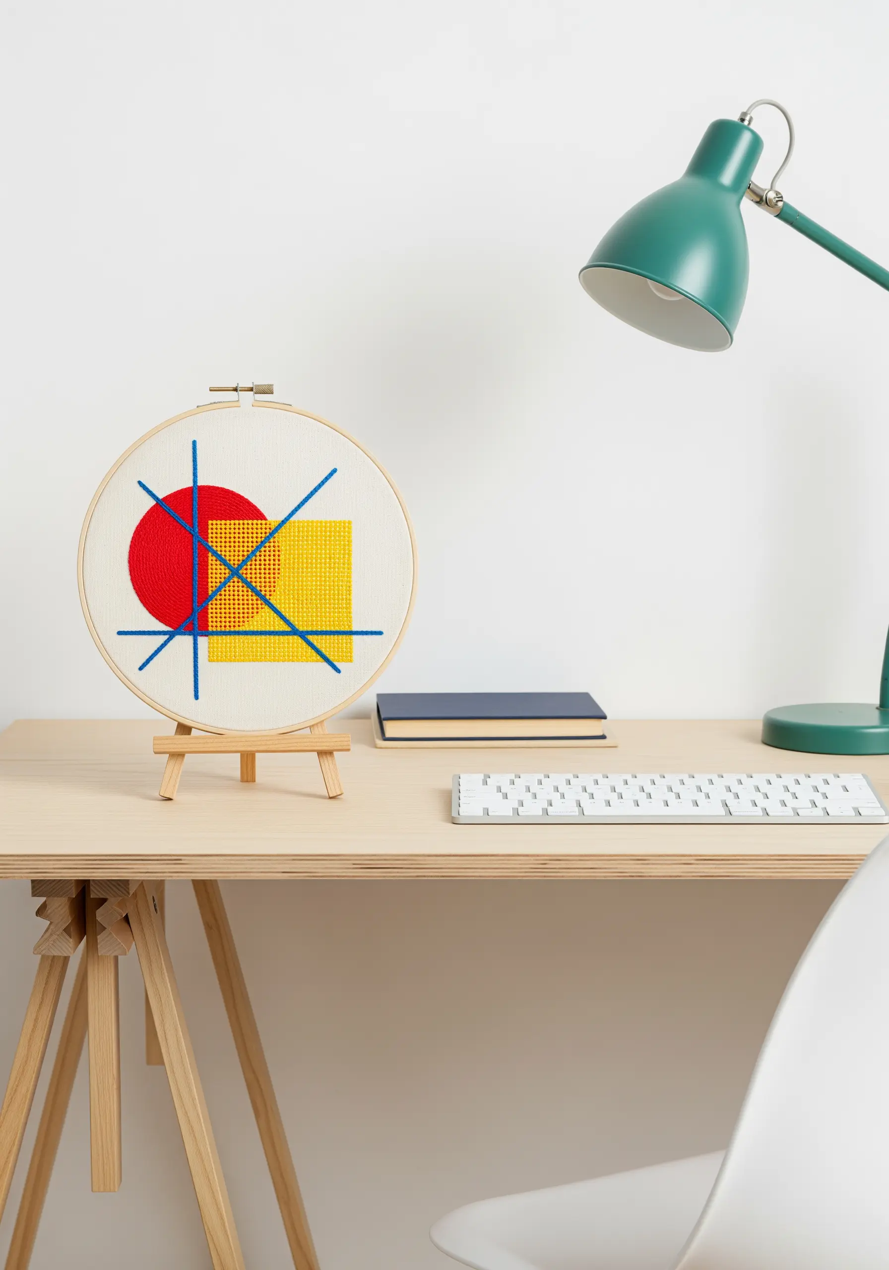 Abstract geometric art with red, yellow, and blue shapes and lines.