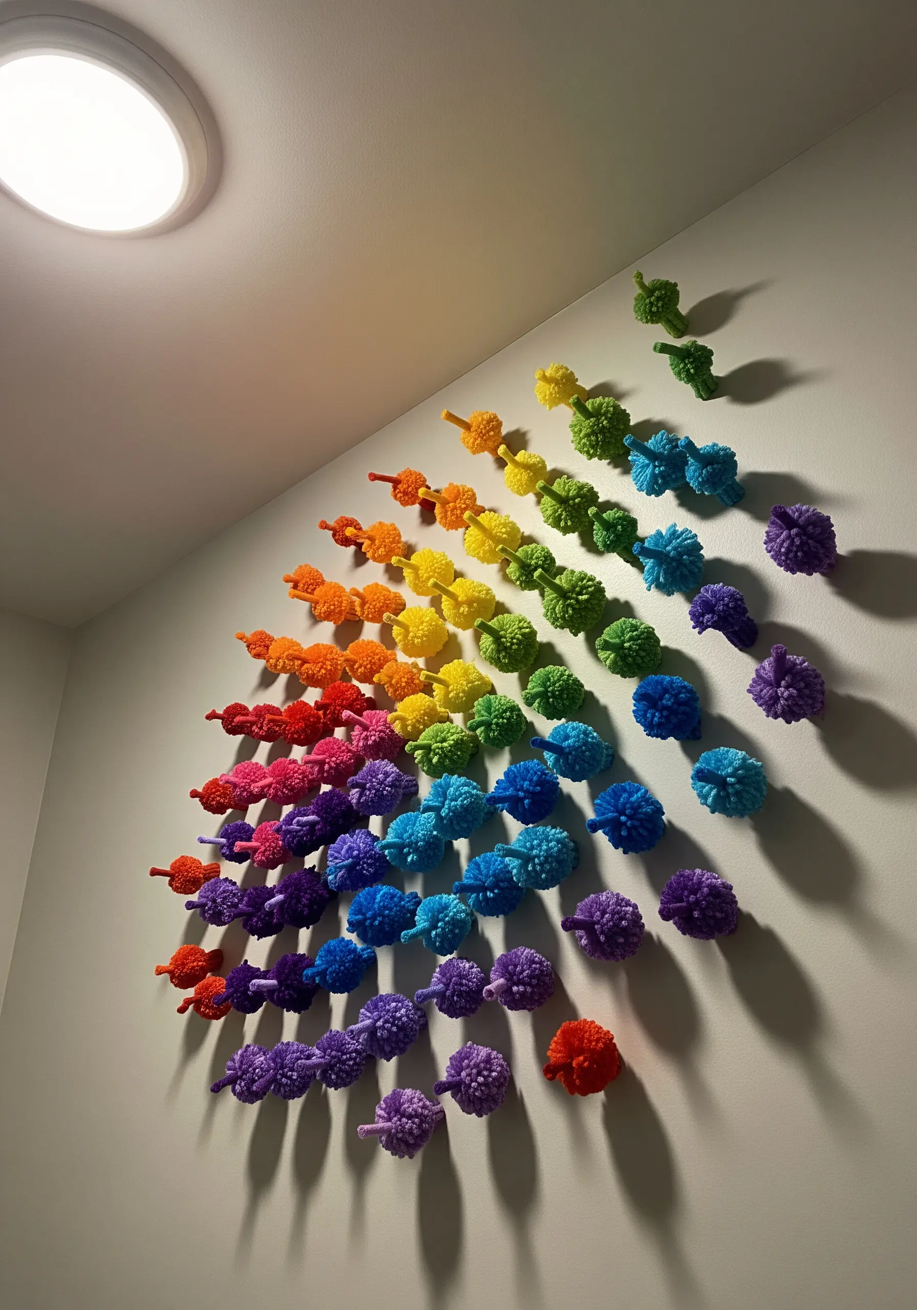 A wall installation of colorful pom-poms arranged in a spectrum, casting soft shadows.