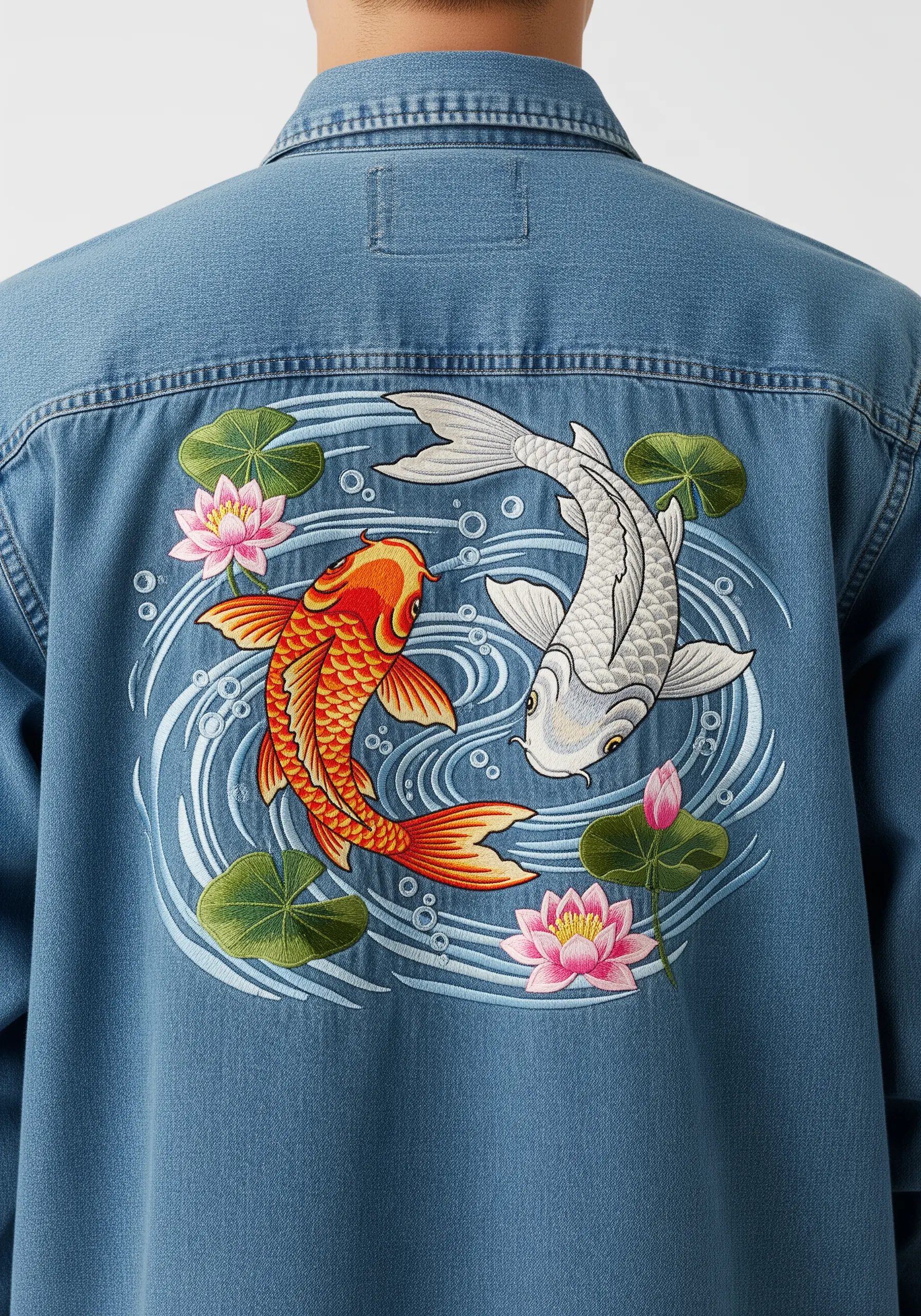 Embroidered yin-yang koi fish swimming in a pond with lily pads on a denim shirt.