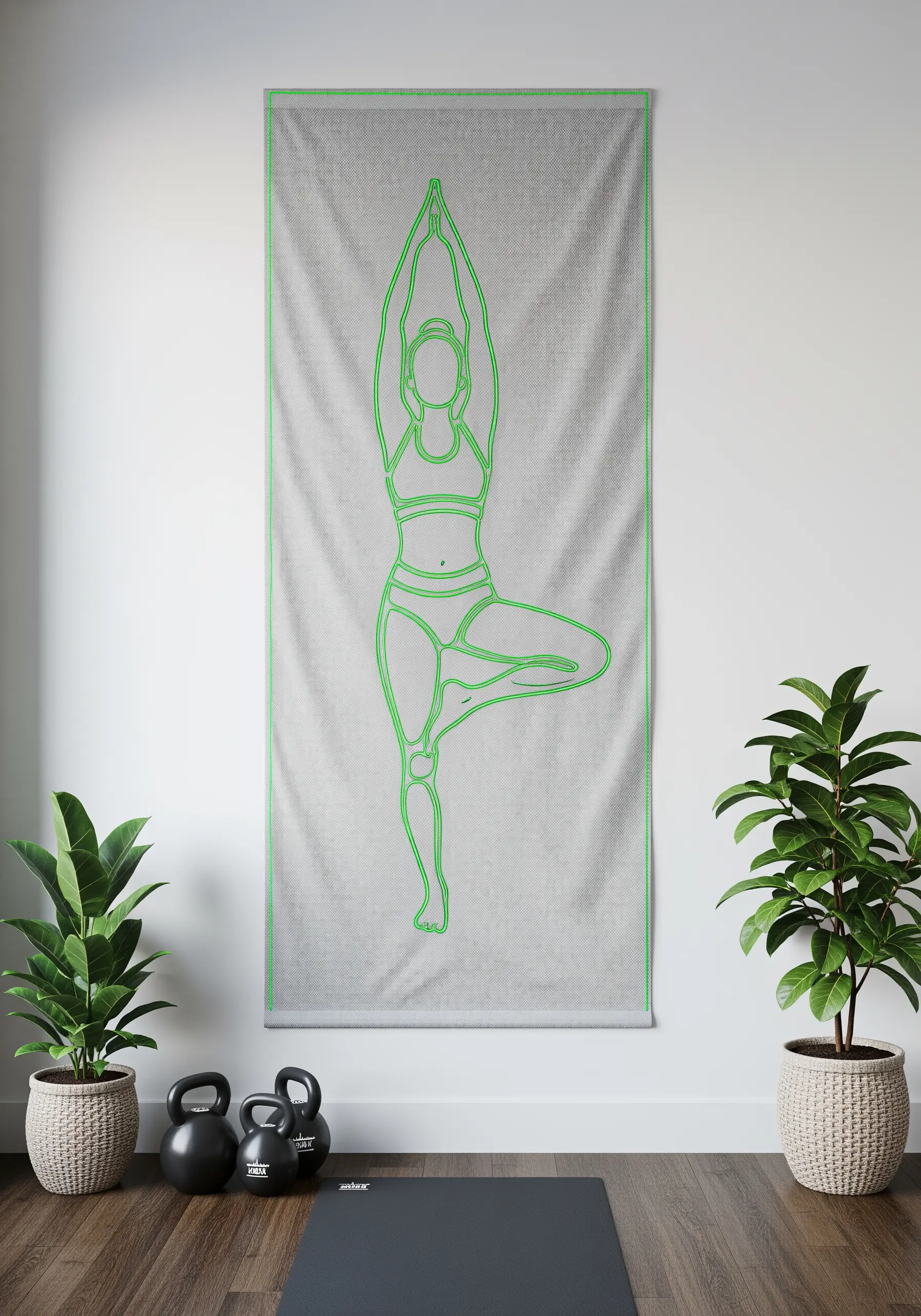 A large wall hanging with a yoga pose outlined in bright neon green thread on grey fabric.