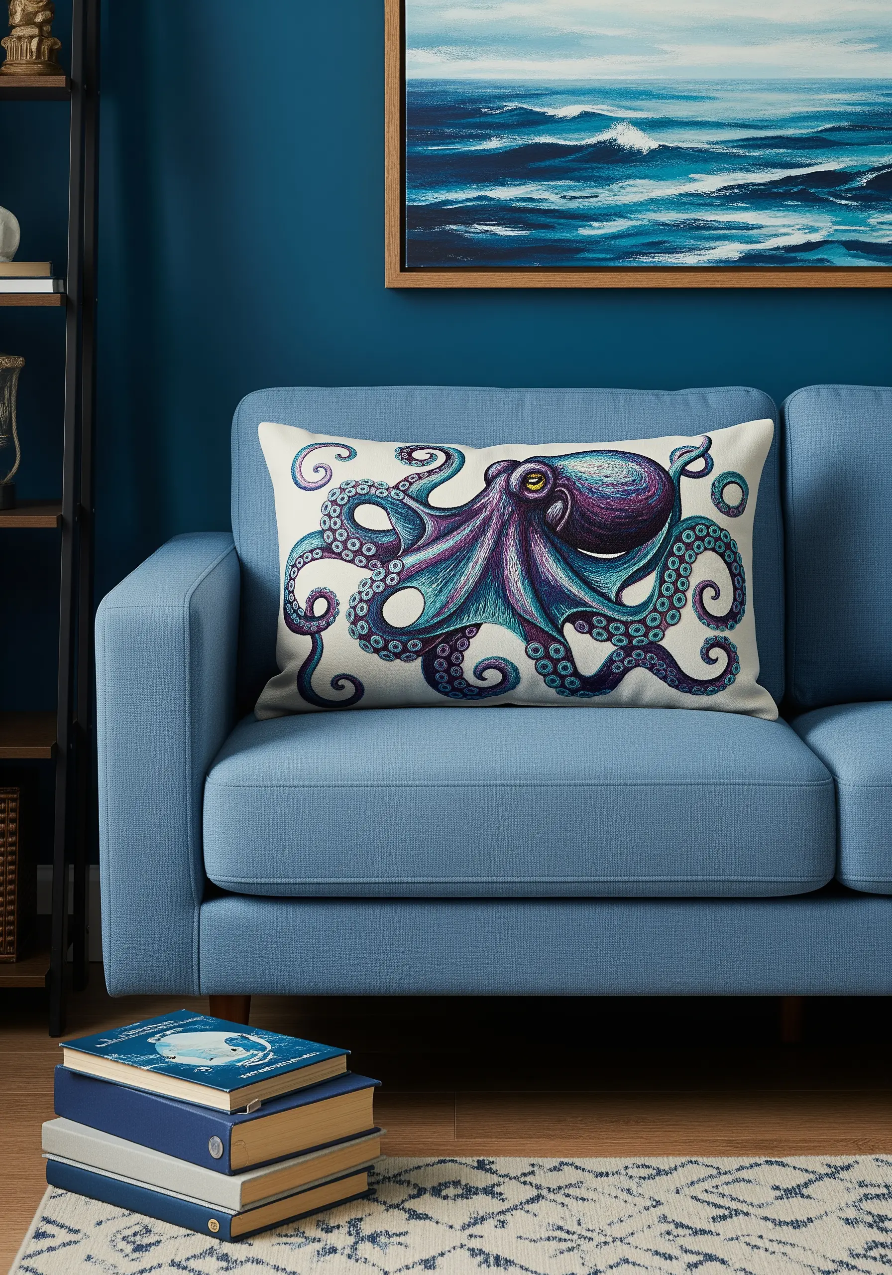 A lumbar pillow with a highly detailed embroidered octopus in shades of purple and teal.