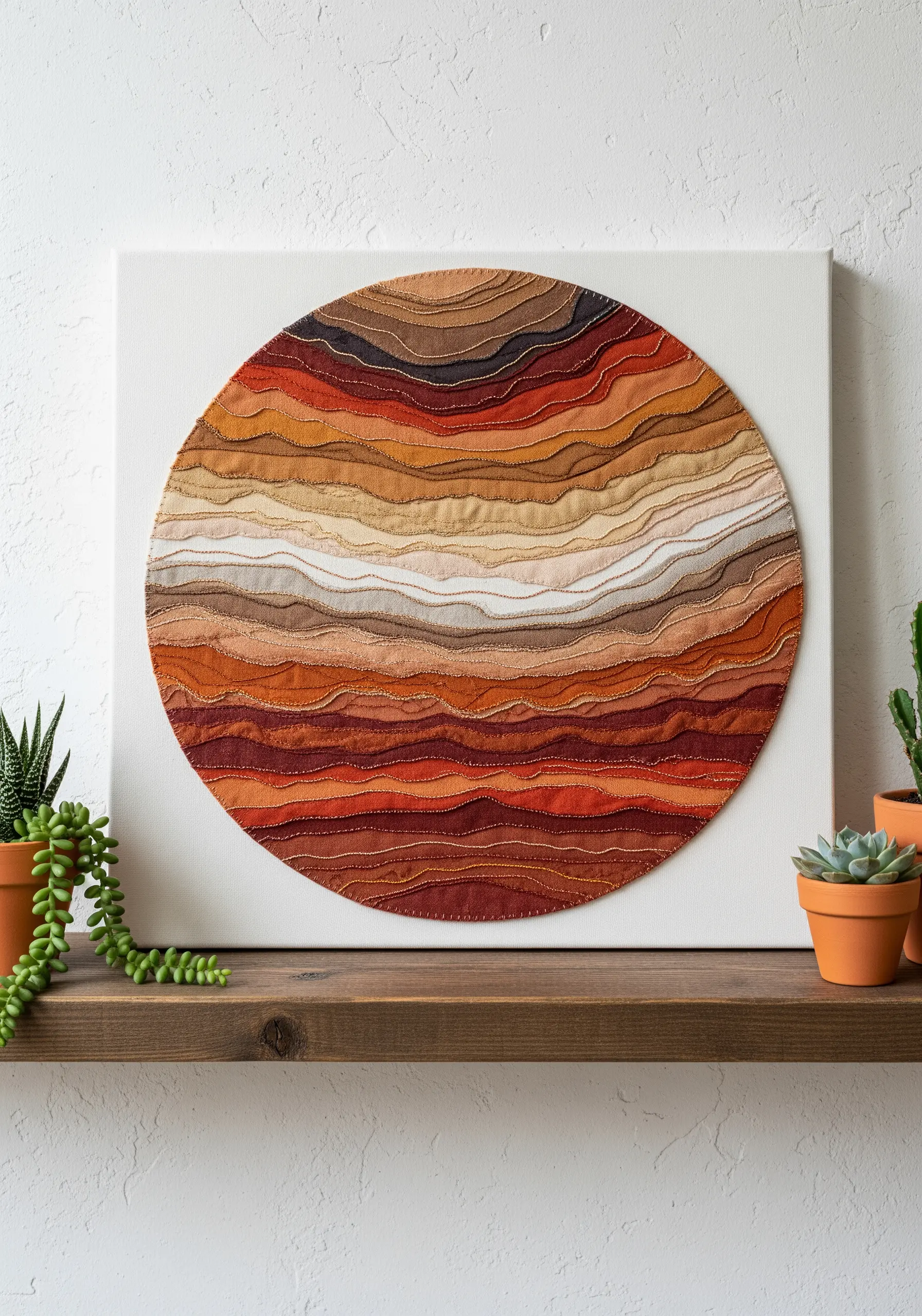 Layered earth tone fabric strips on round canvas