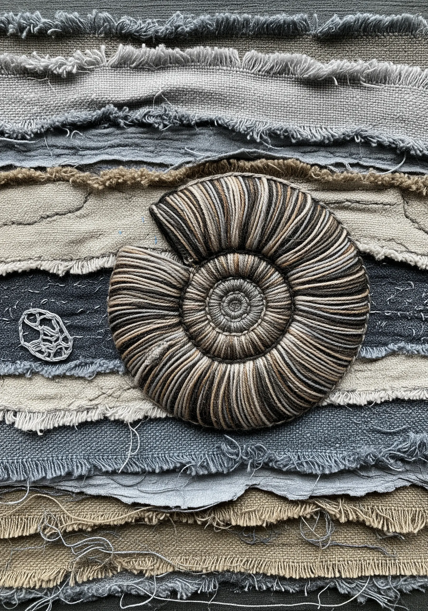 Embroidered ammonite fossil on a layered collage of frayed gray and beige canvas strips.