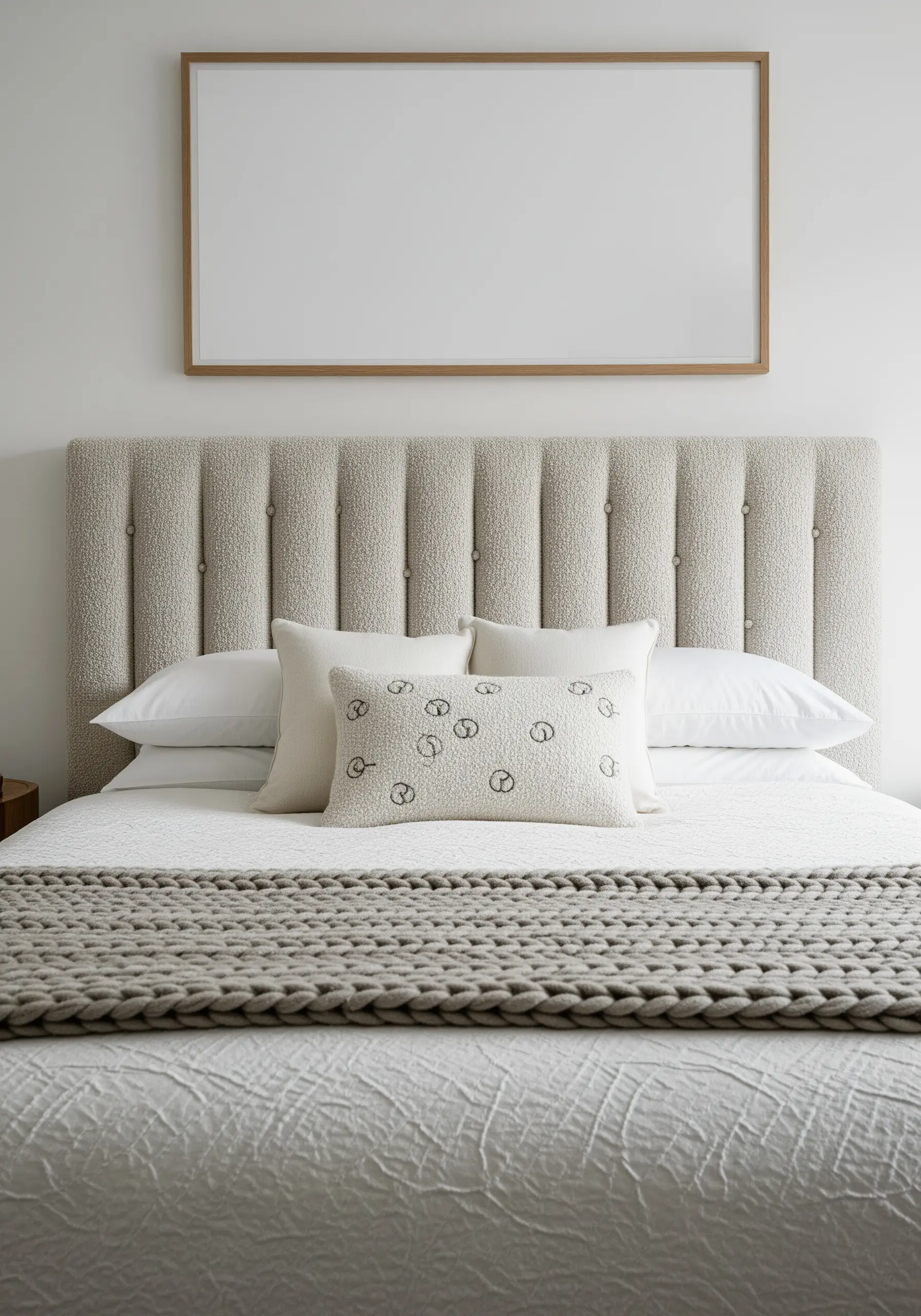 A punch needle embroidered pillow with a looped texture that matches the bouclé headboard.