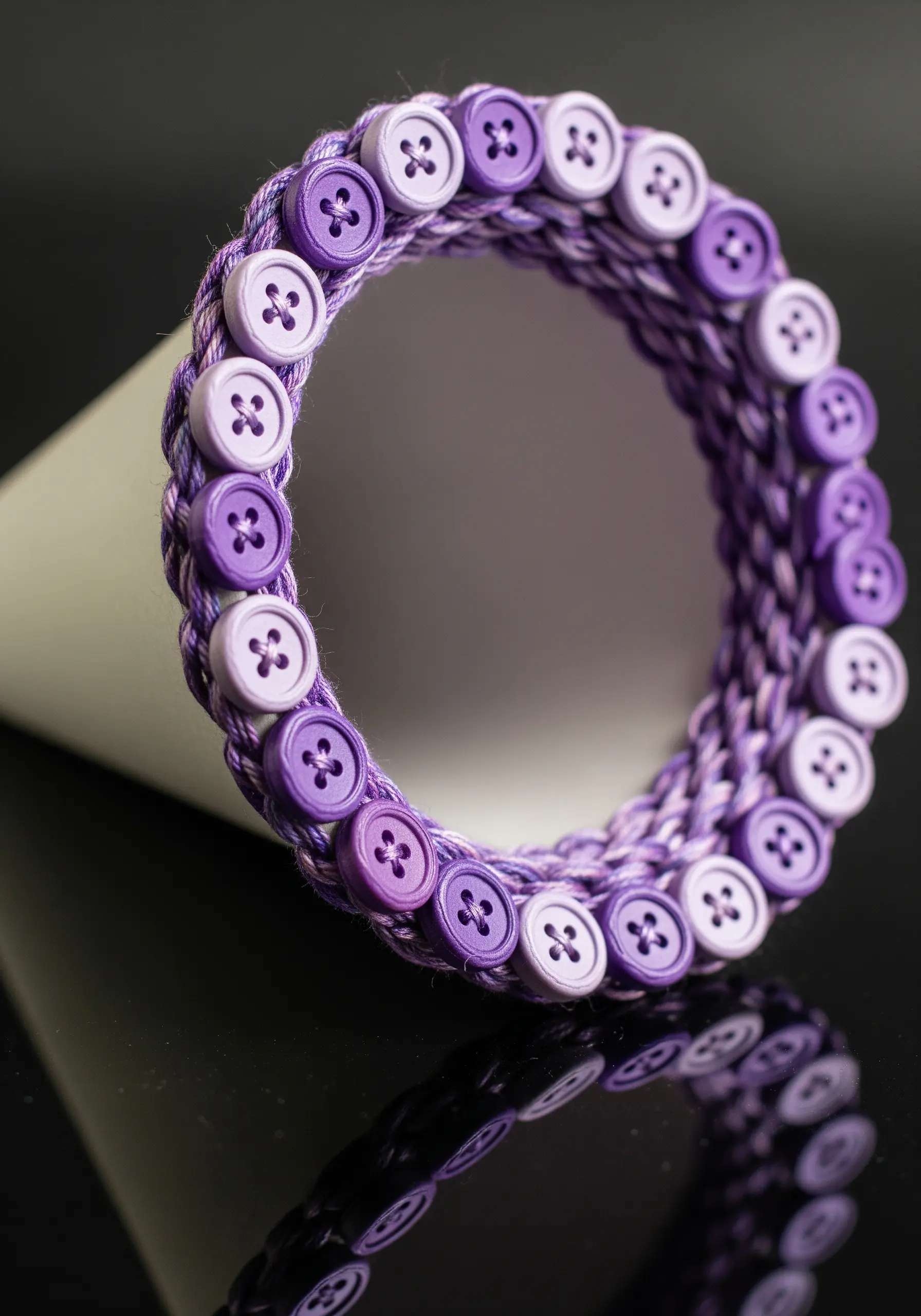 Rolled paper cone with a purple button and elaborate woven purple stitching along the rim
