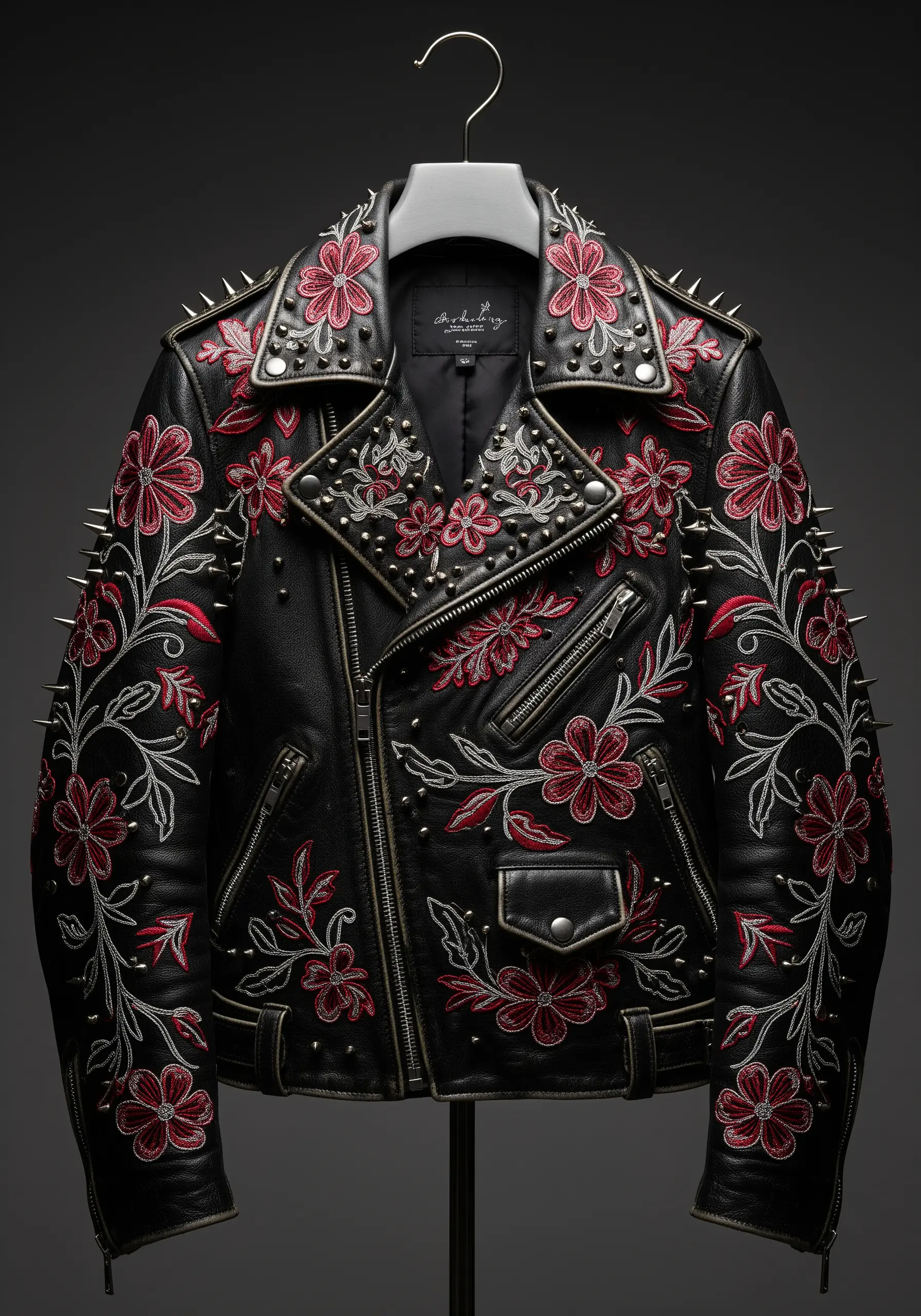Black leather jacket featuring elaborate red and silver floral embroidery on sleeves and lapels