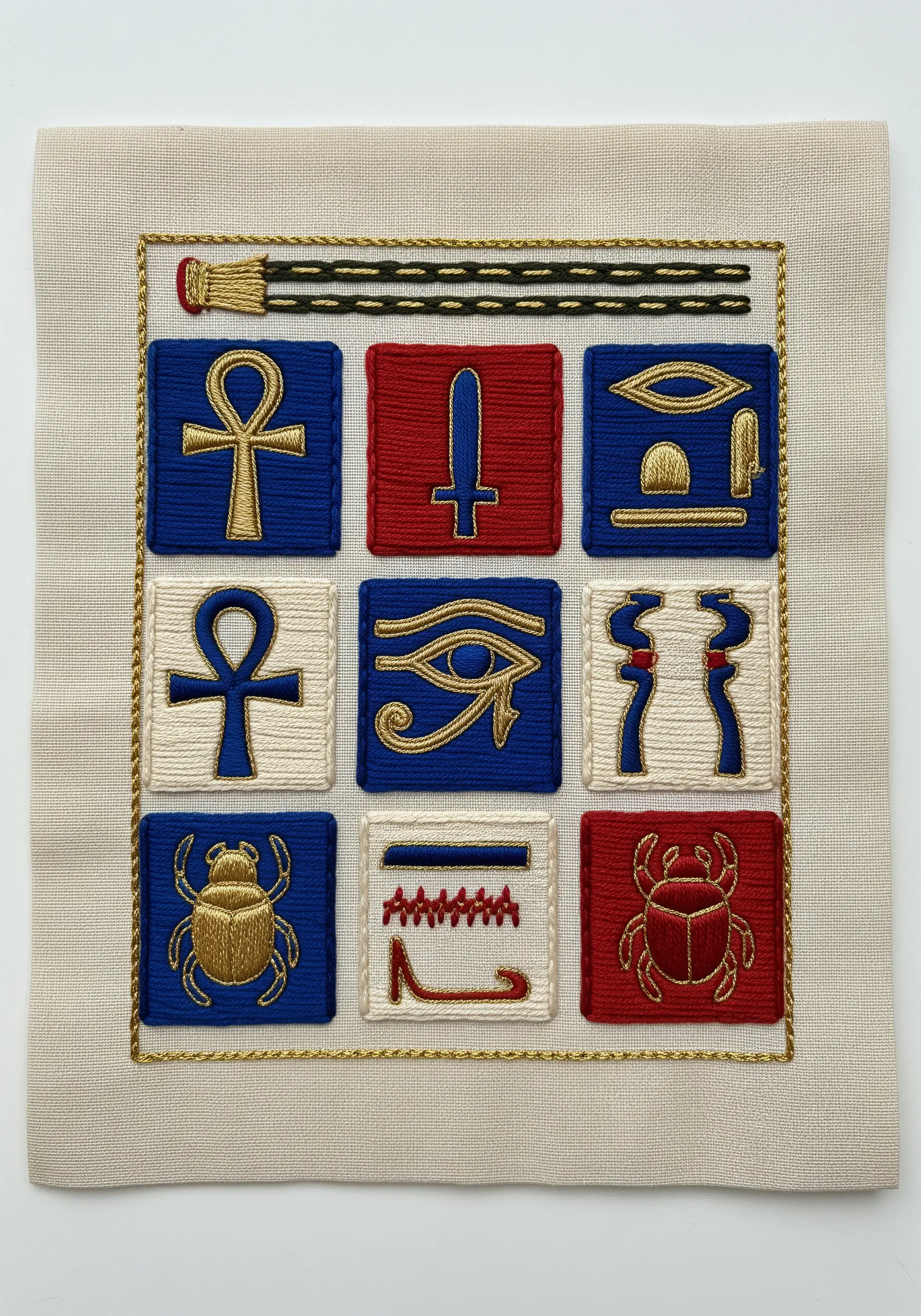 A grid of embroidered Egyptian hieroglyphs with gold thread on colored squares.