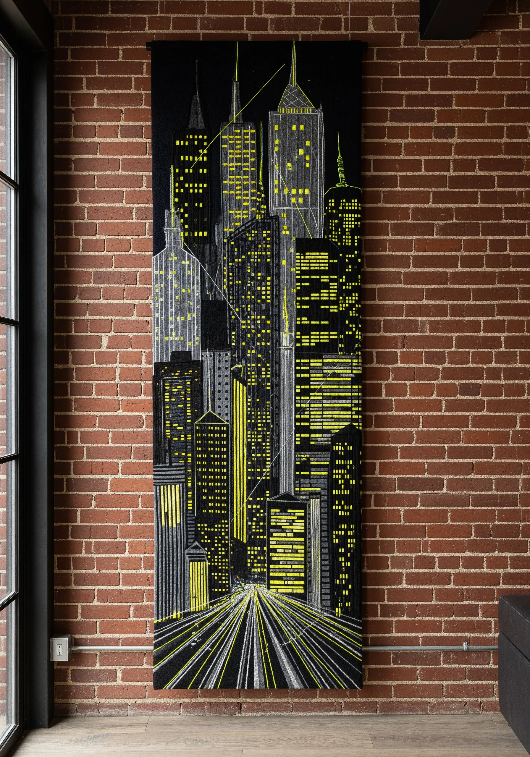A tall, rectangular textile collage of a nighttime cityscape with bright yellow and gray details.