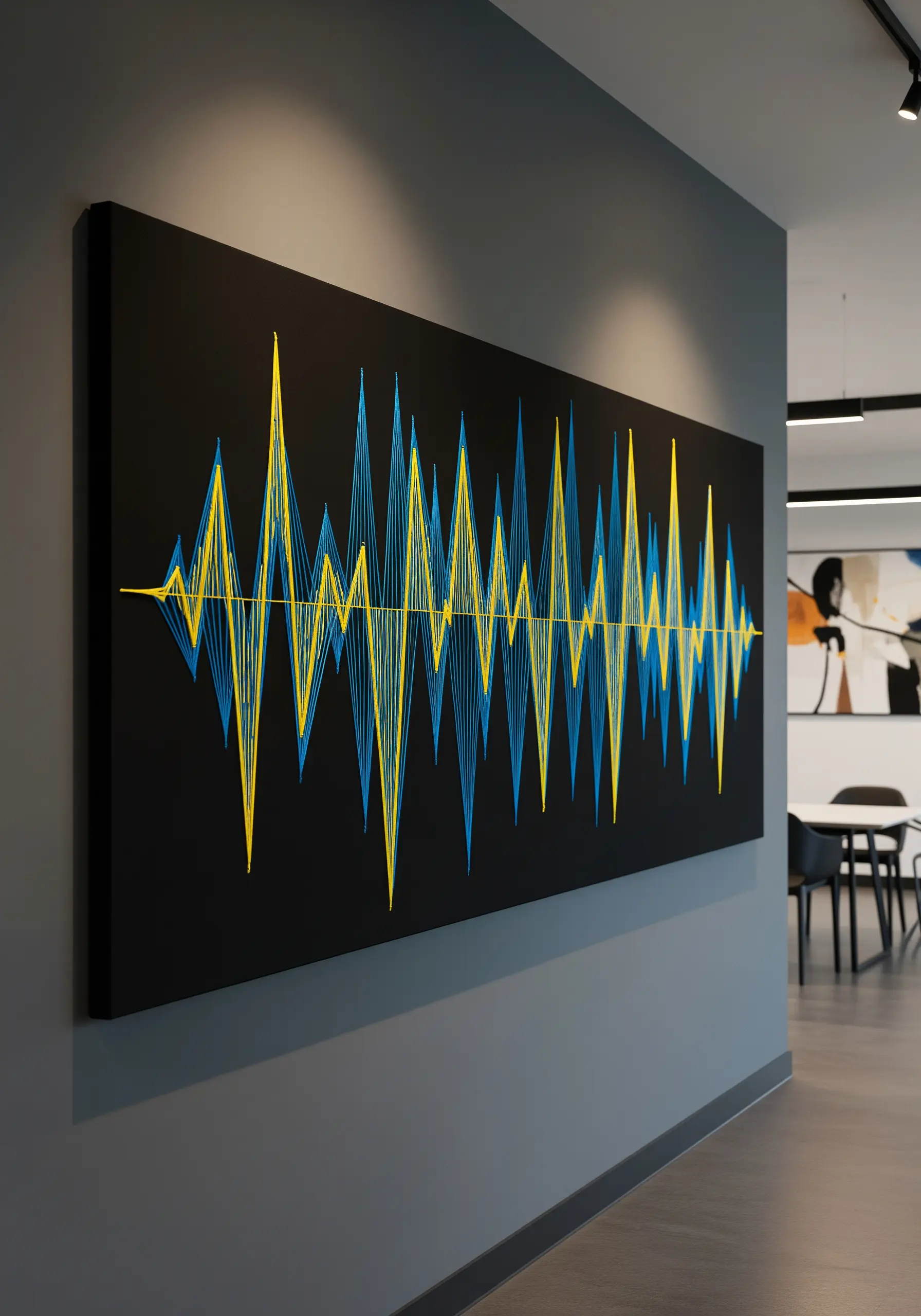 Neon yellow and blue soundwave embroidery on black canvas