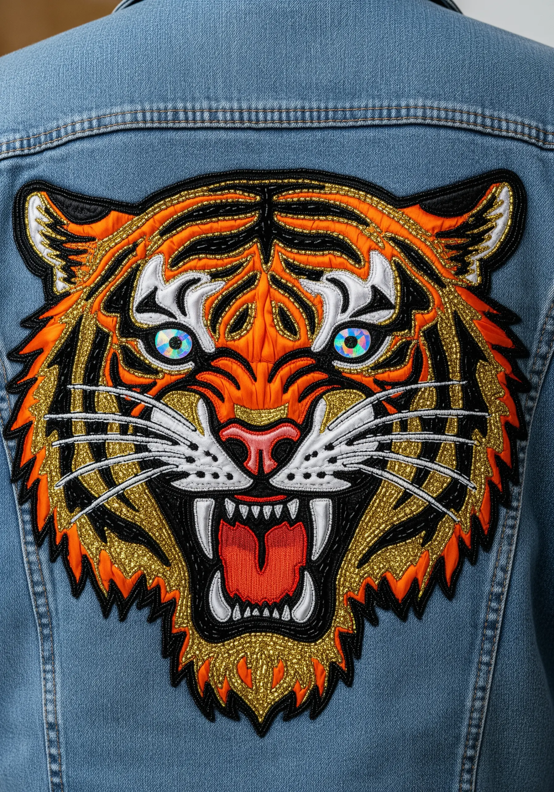 A bold embroidered tiger patch on a denim jacket, featuring gold glitter and iridescent threads.
