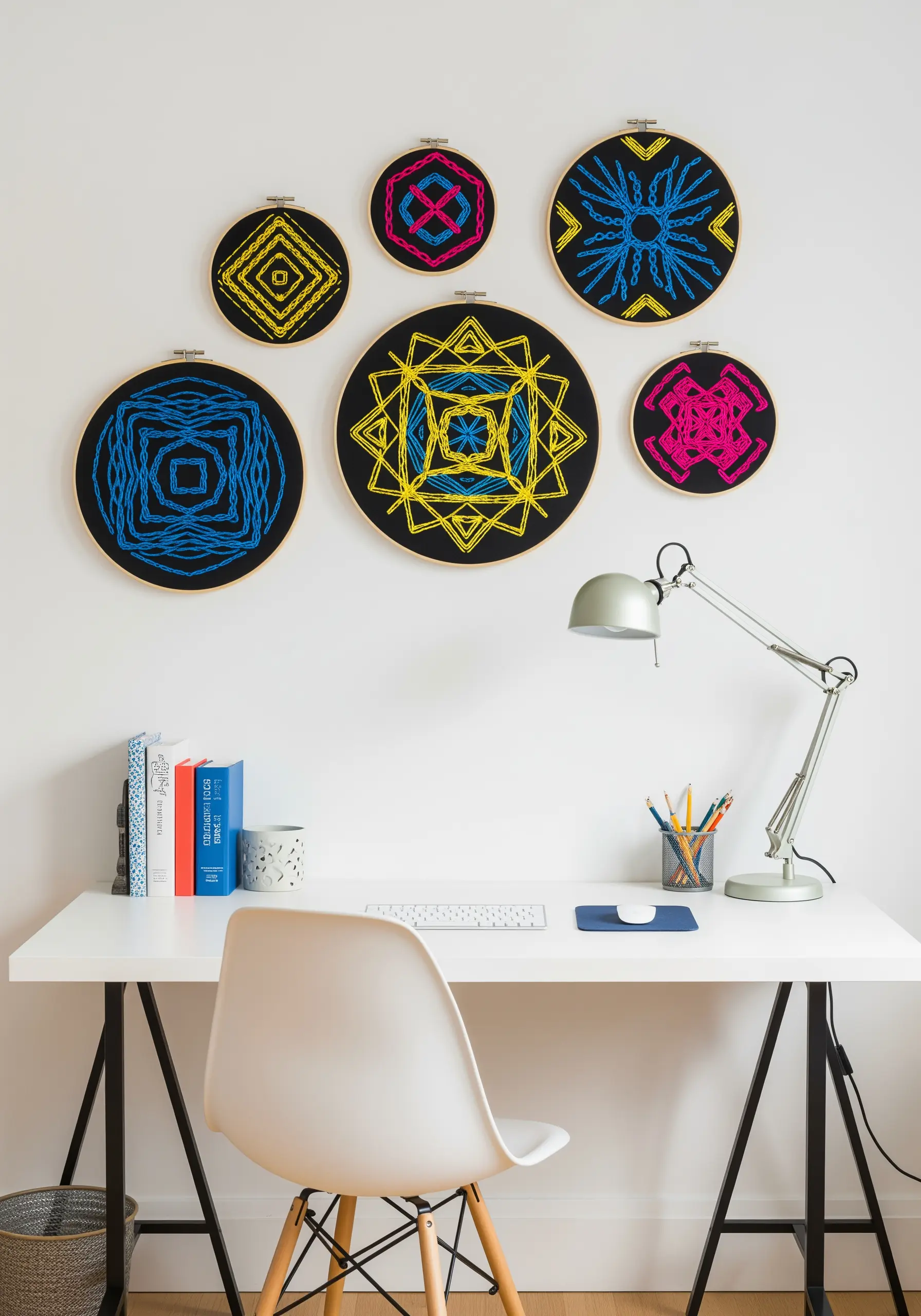 A collection of geometric embroidery hoops with neon thread on black fabric, hung above a desk.