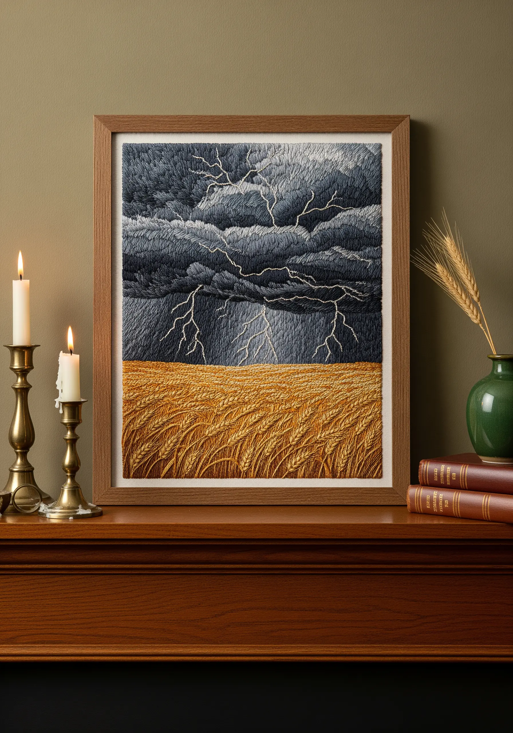 Stormy sky embroidery with lightning and wheat field