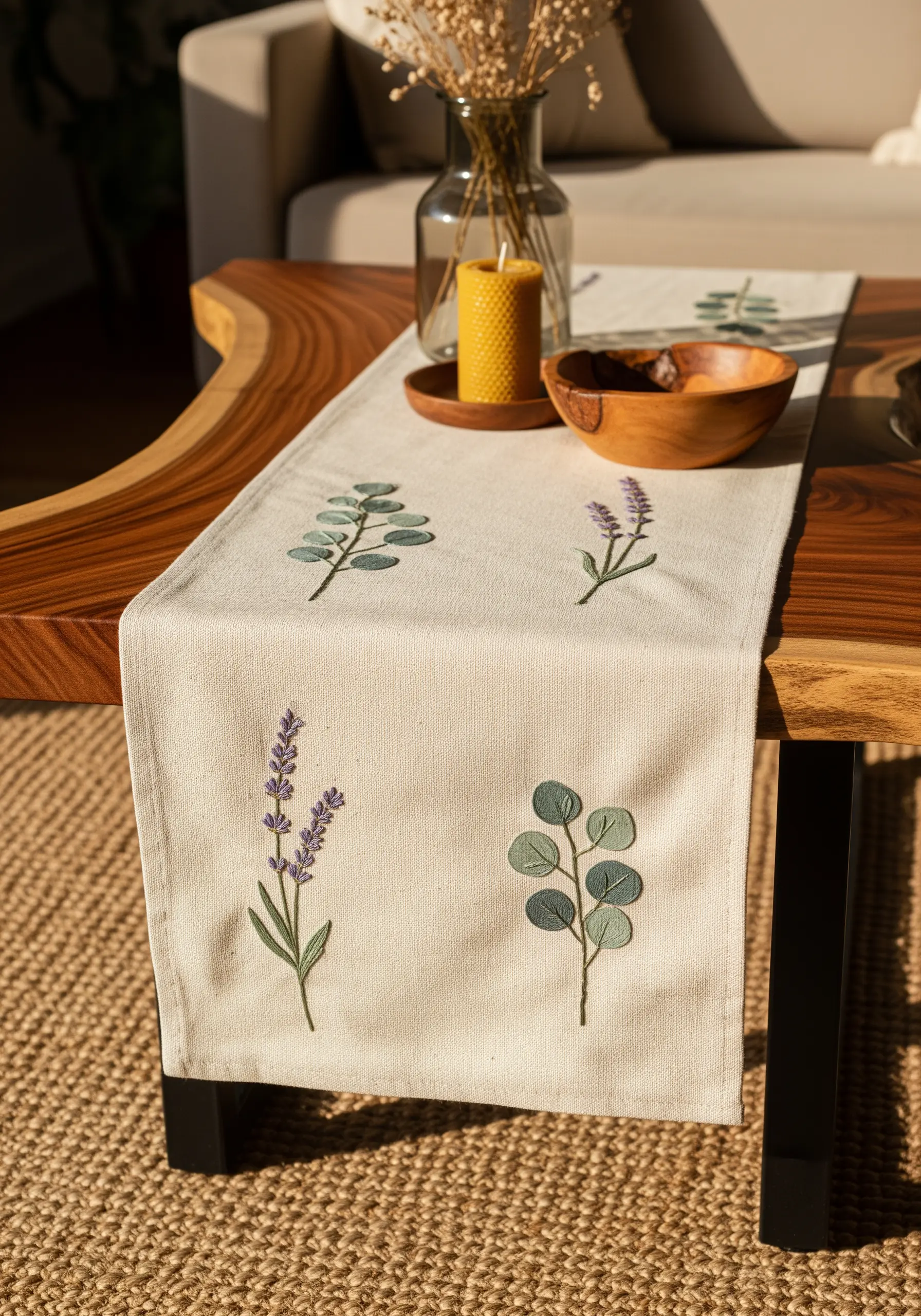 Table runner with embroidered lavender and eucalyptus sprigs.