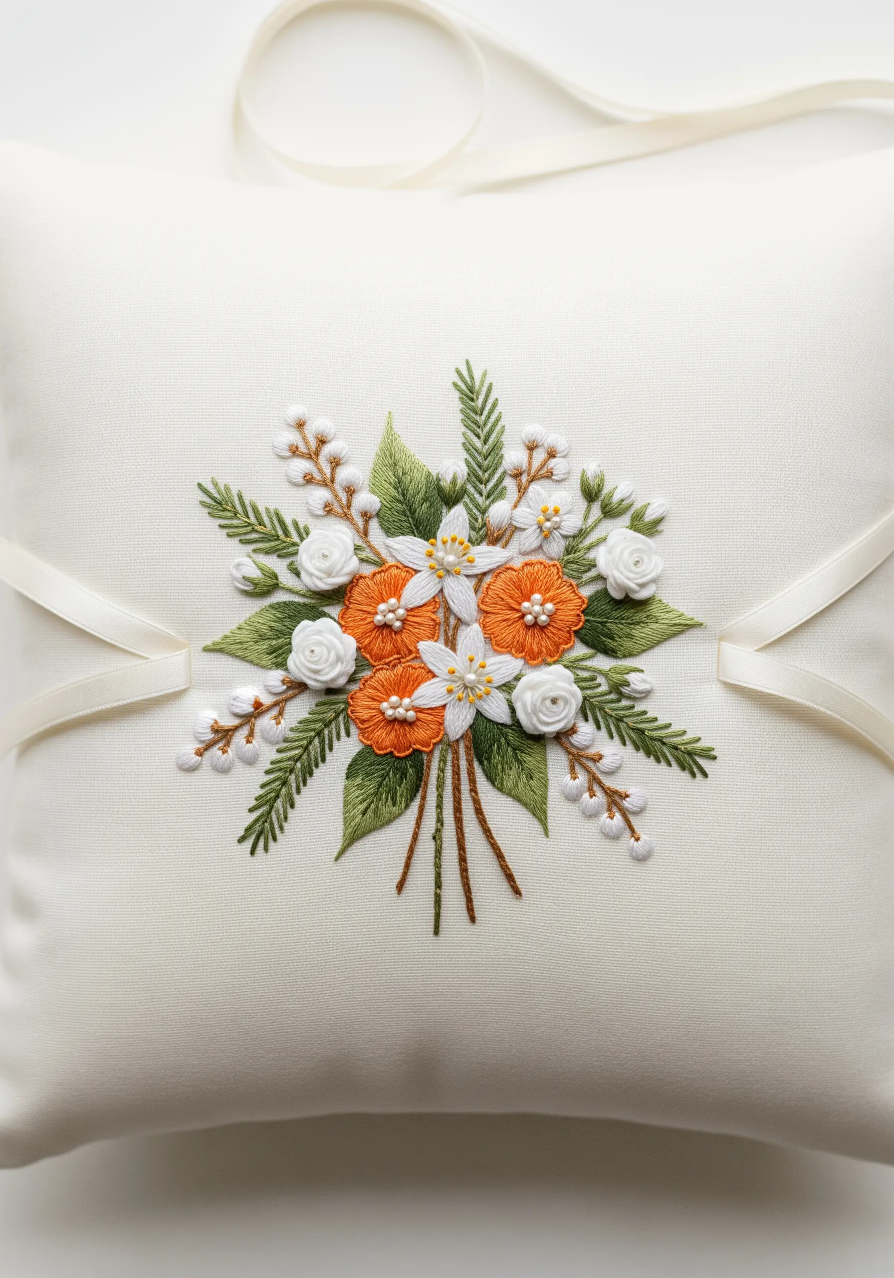 A satin ring bearer pillow with an embroidered bouquet of white roses and orange blossoms.