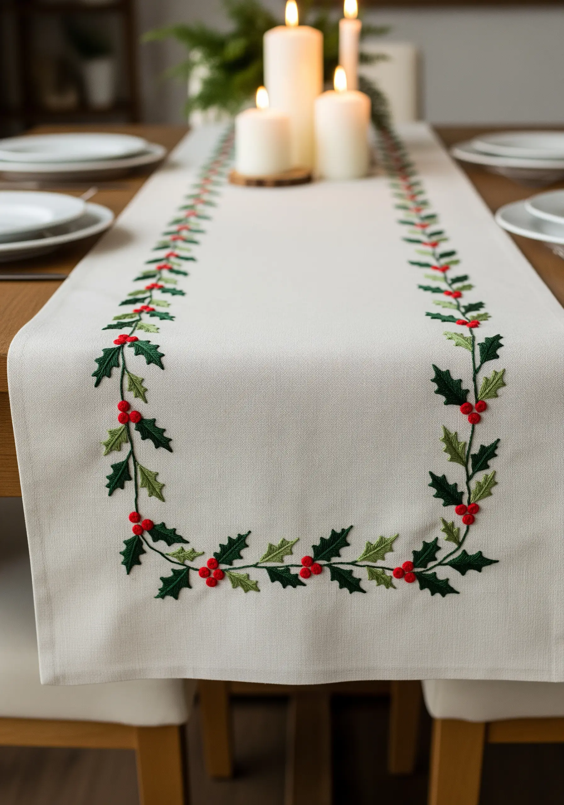 A cream-colored table runner with an embroidered border of green holly and red berries.