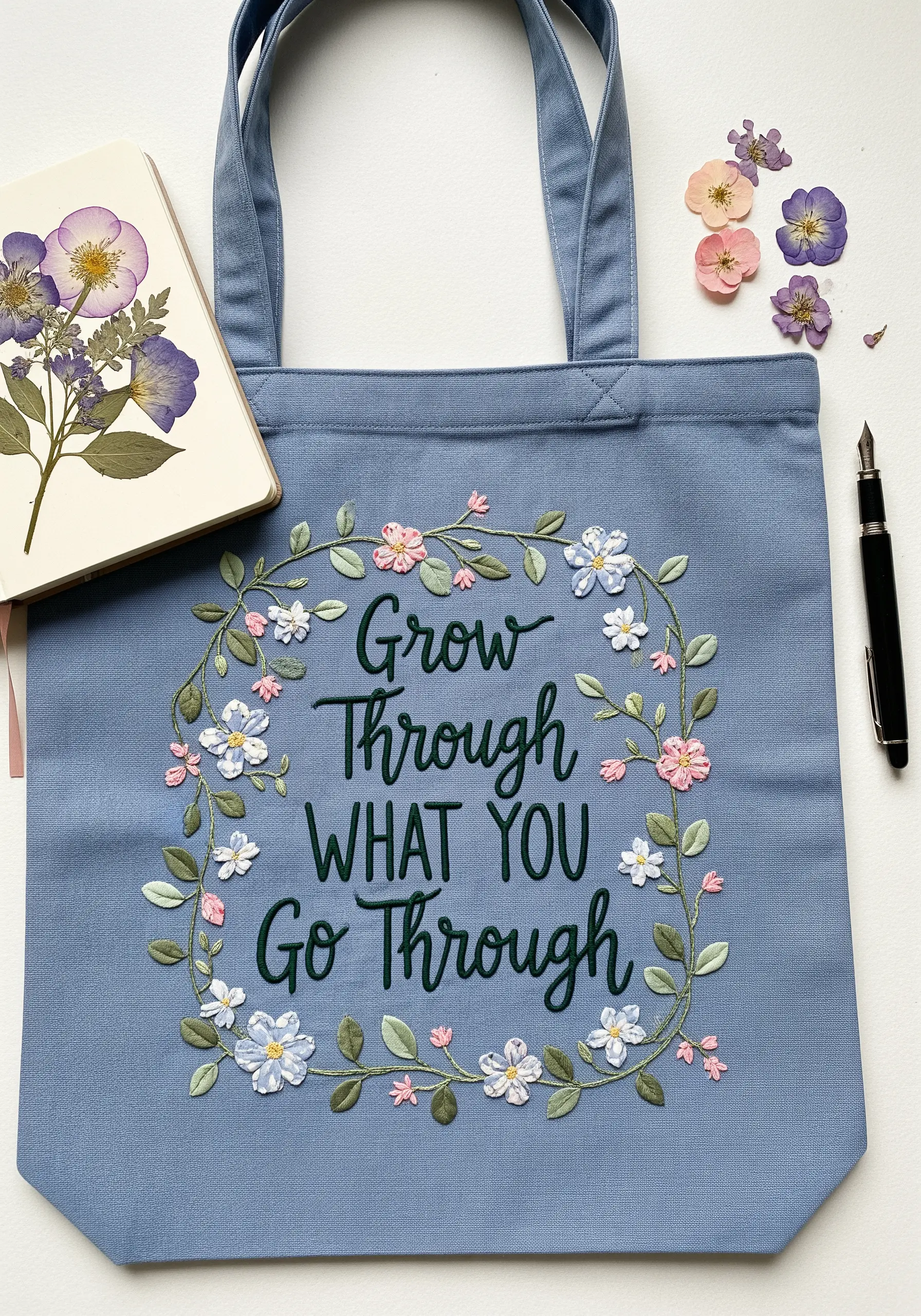 Embroidered floral wreath with the quote 