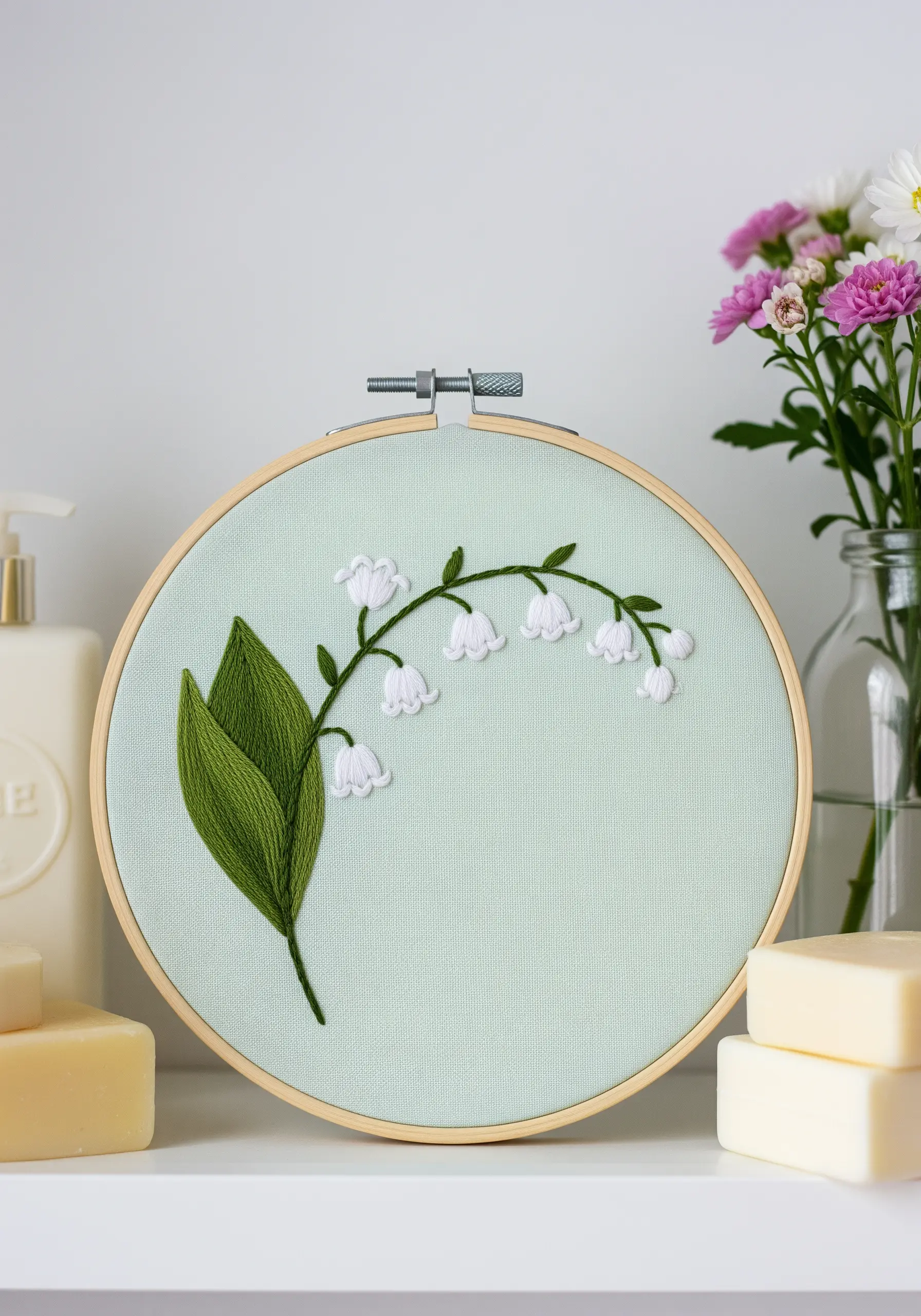 Minimalist embroidery of a Lily of the Valley stalk on light green fabric.