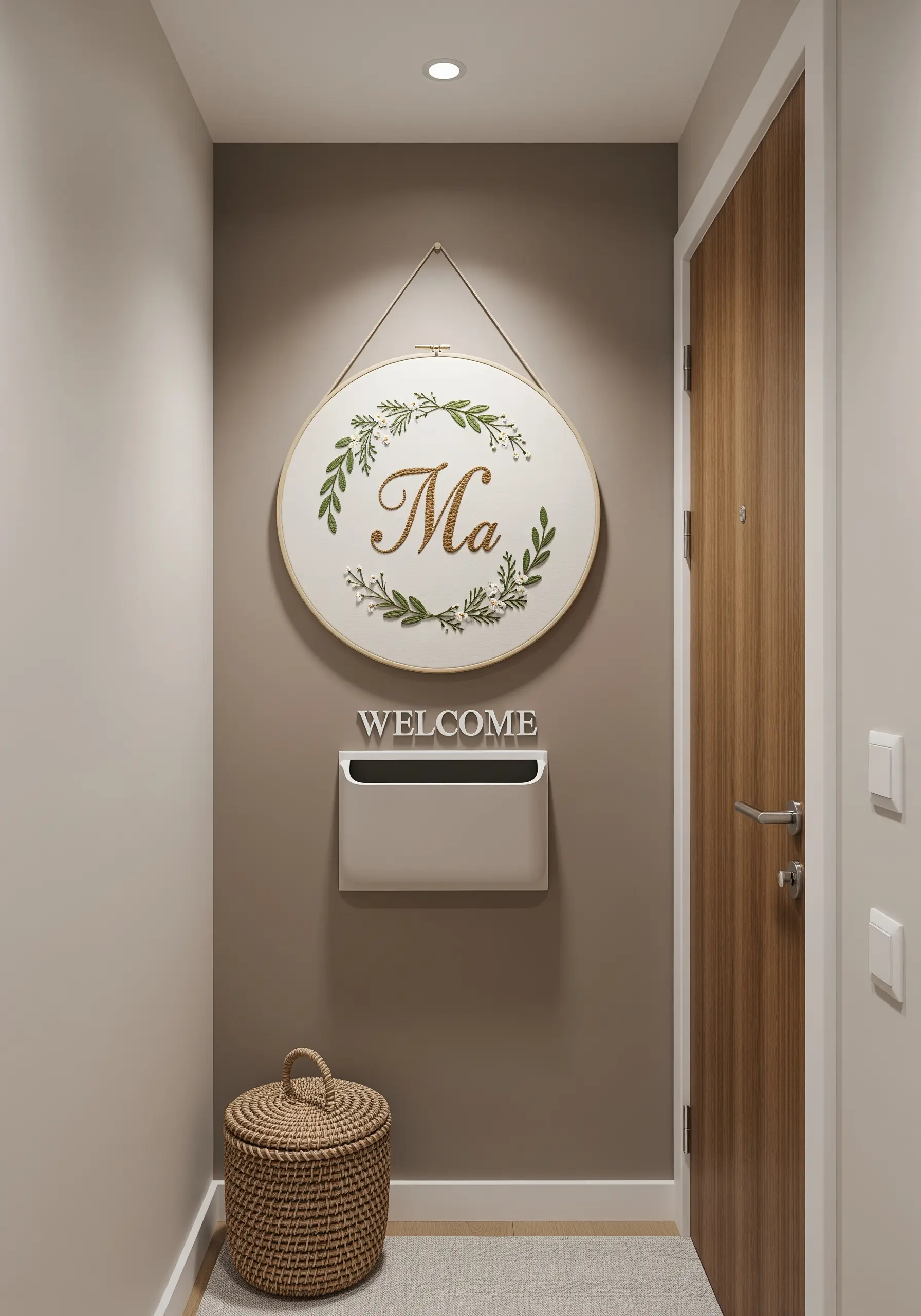 A large embroidery hoop with a gold monogram 'M' surrounded by a green leafy wreath.