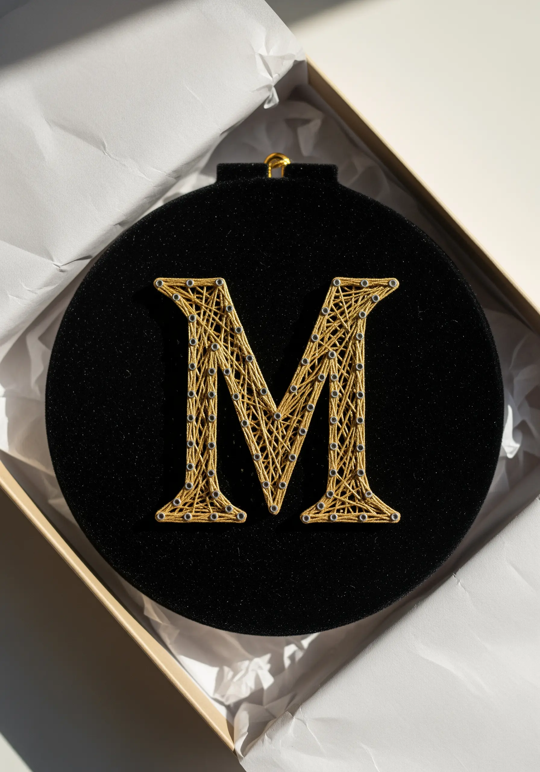 An elegant gold string art 'M' monogram on a black velvet background.