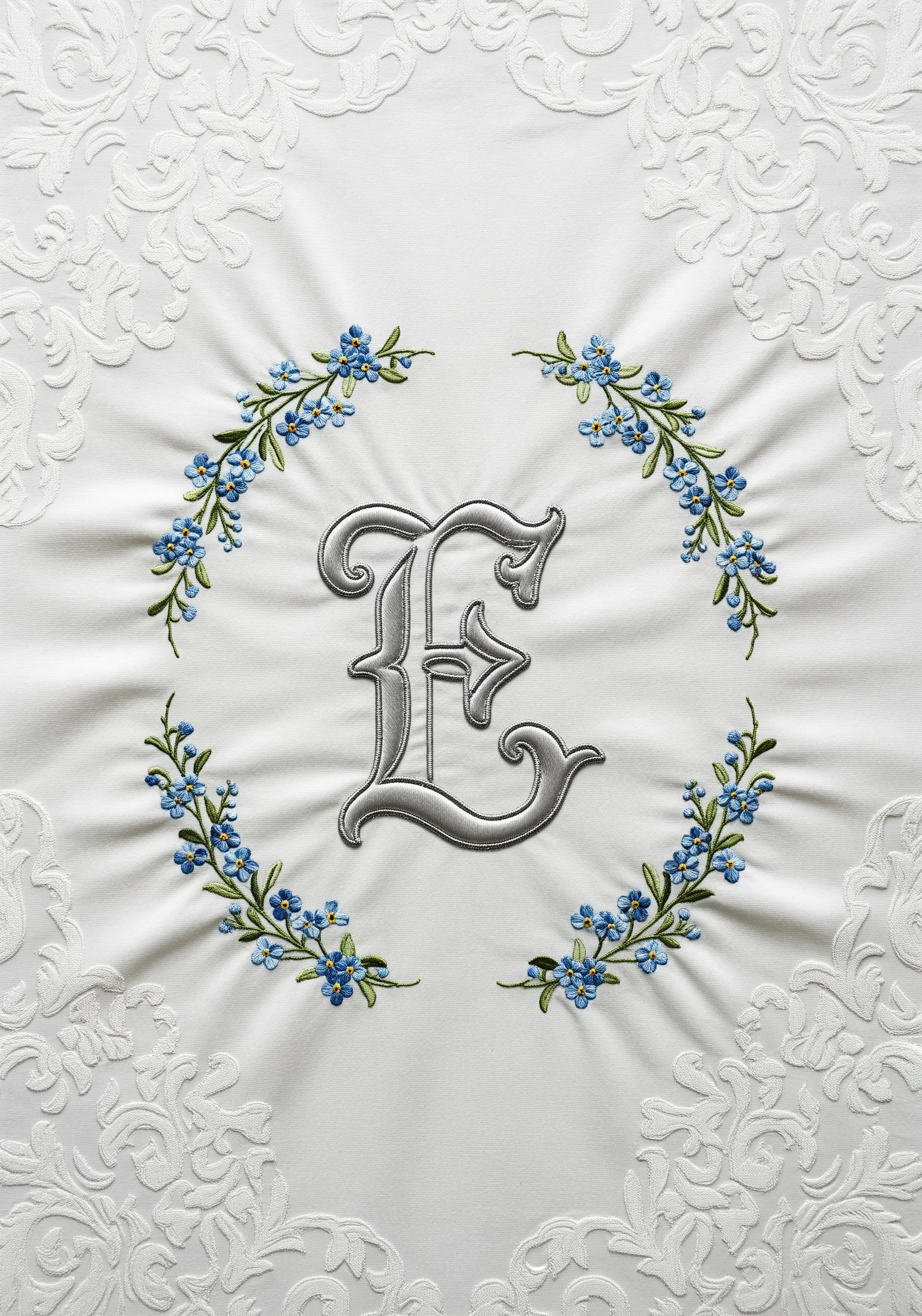 A silver satin-stitched monogram 'E' framed by a wreath of tiny blue flowers.