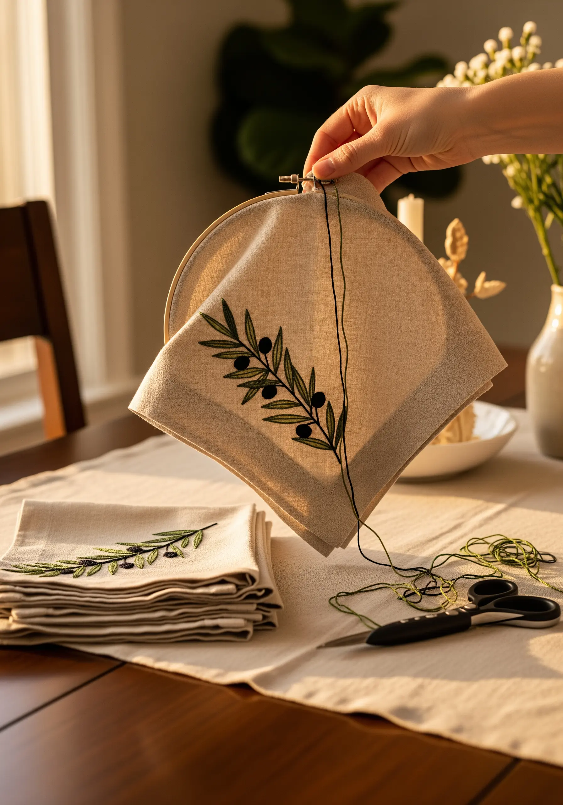 An olive branch embroidered on a natural linen napkin held in a hoop.