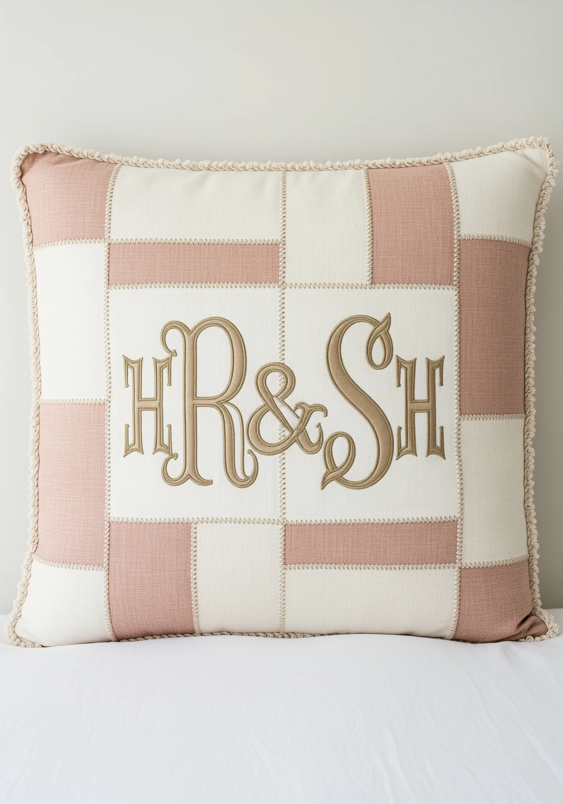 Monogrammed cushion with a pink and cream patchwork design and raised satin stitch letters.