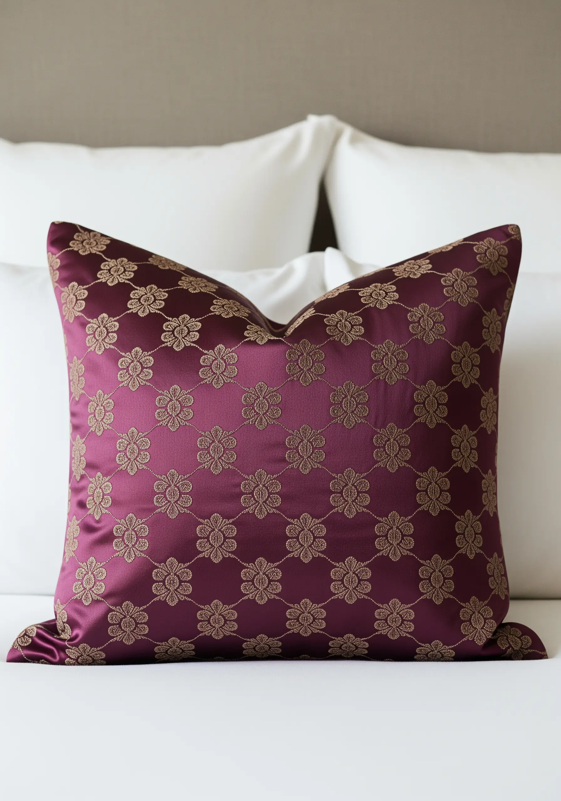 Repeating gold thread floral pattern on a plum satin cushion.