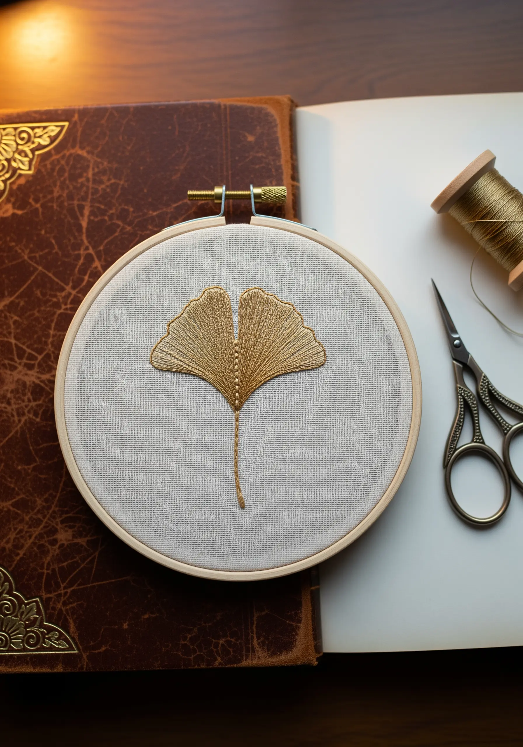 A golden-yellow ginkgo leaf embroidered with directional satin stitch.