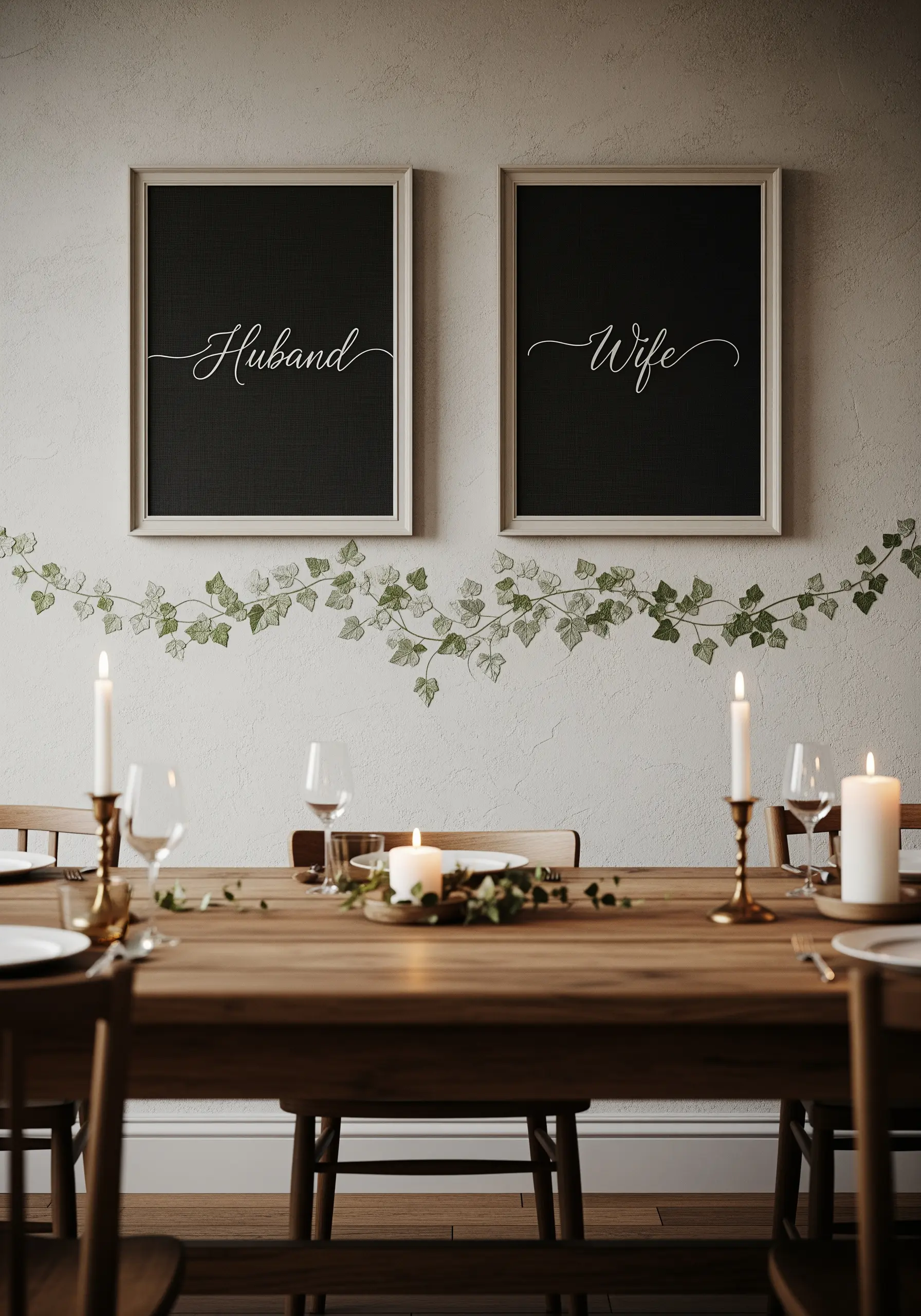 Two framed pieces of embroidery with 'Husband' and 'Wife' in white script on black fabric.