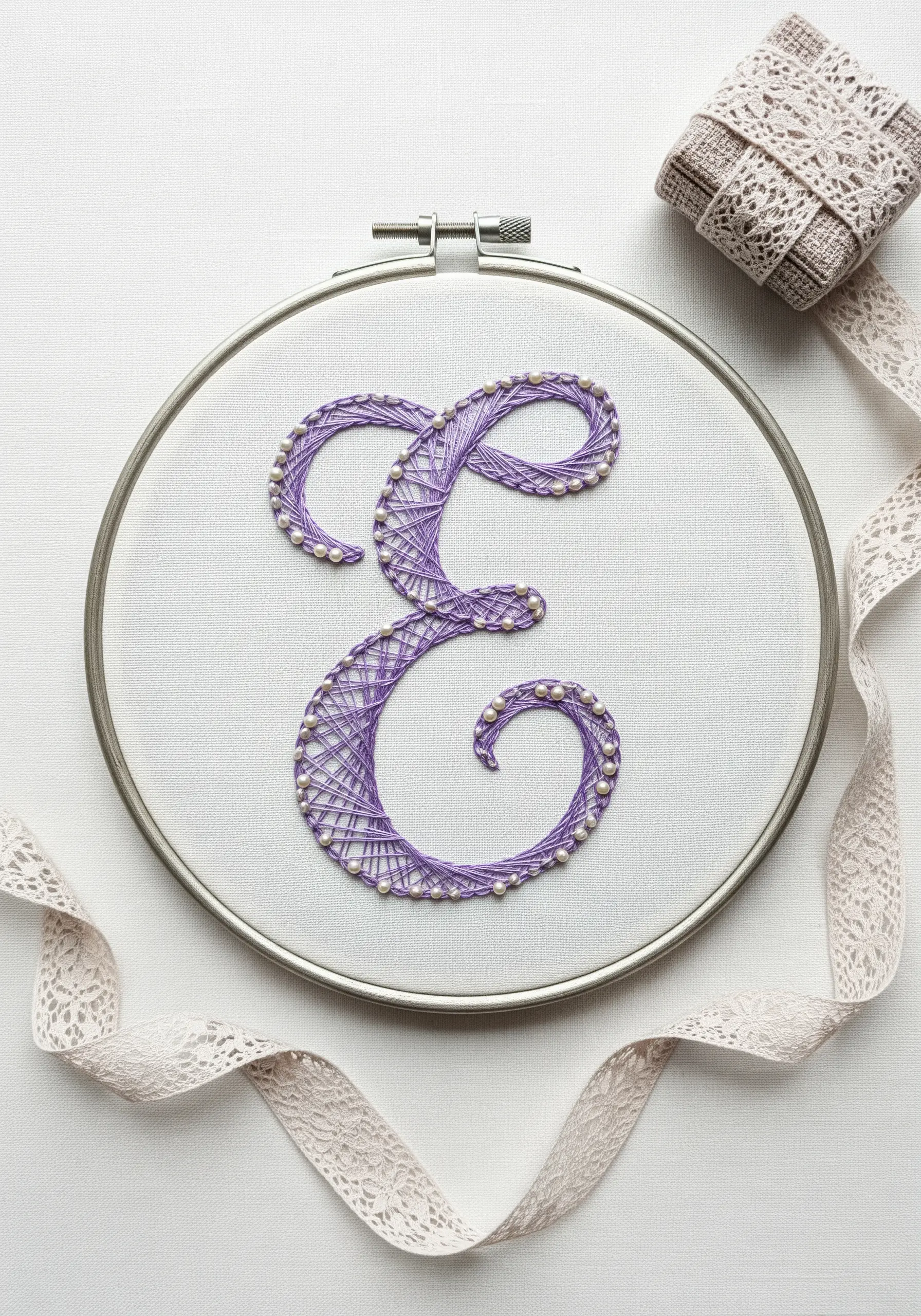 A delicate cursive monogram in purple thread, outlined with tiny white pearls.