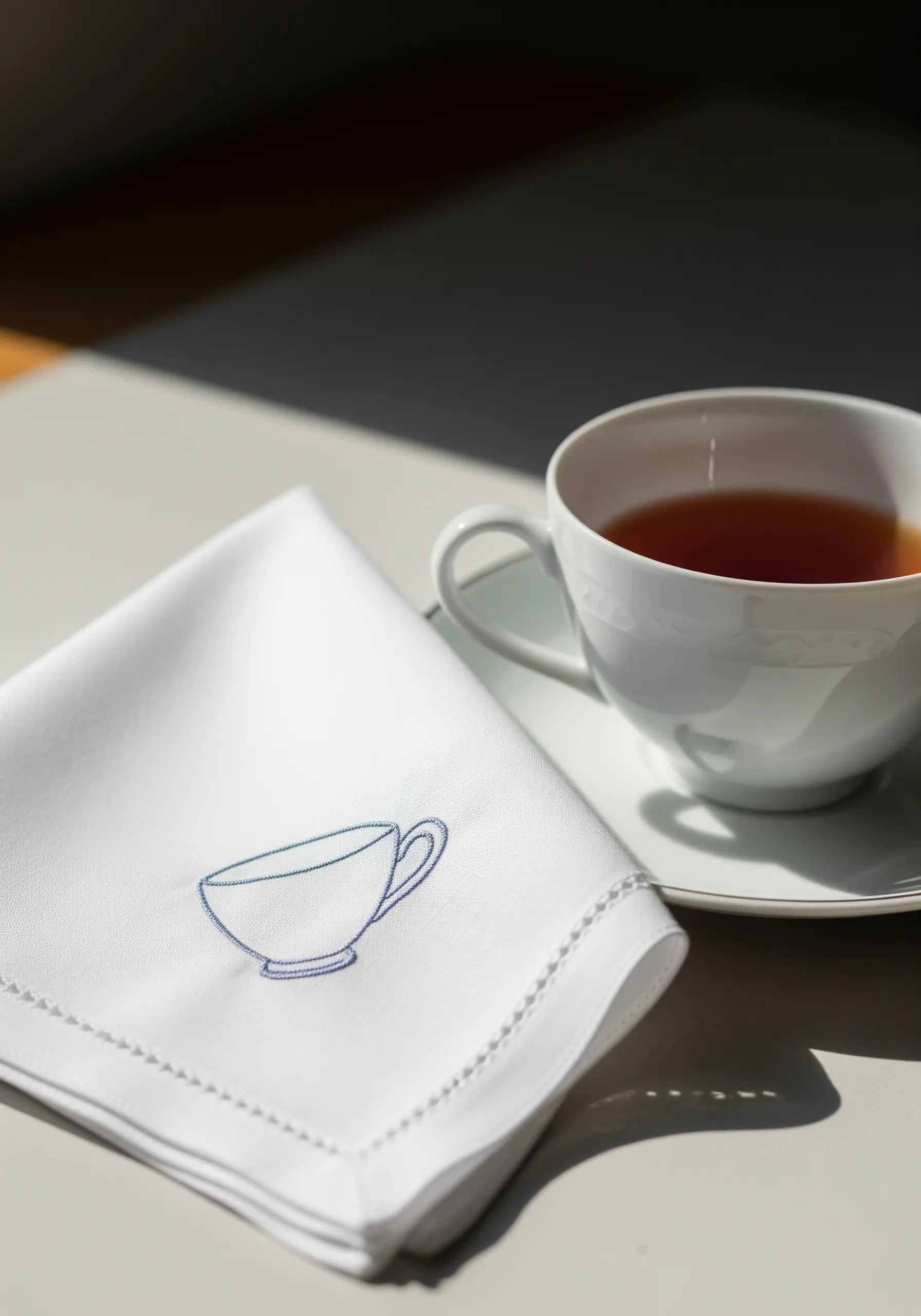 A minimalist blue outline of a teacup on a white handkerchief.