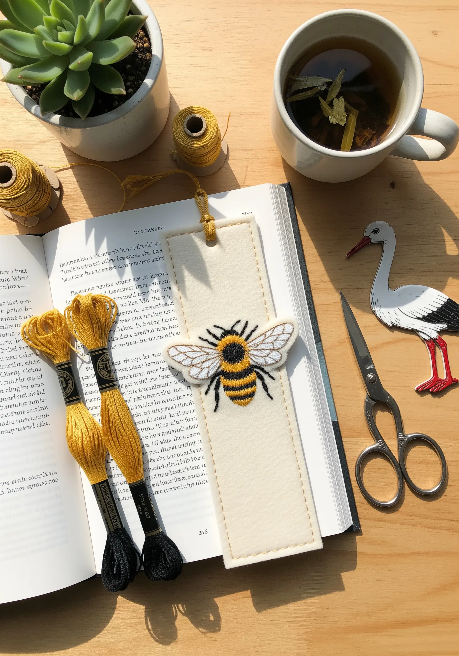 Embroidered bee with a raised satin stitch body on a cream felt bookmark.