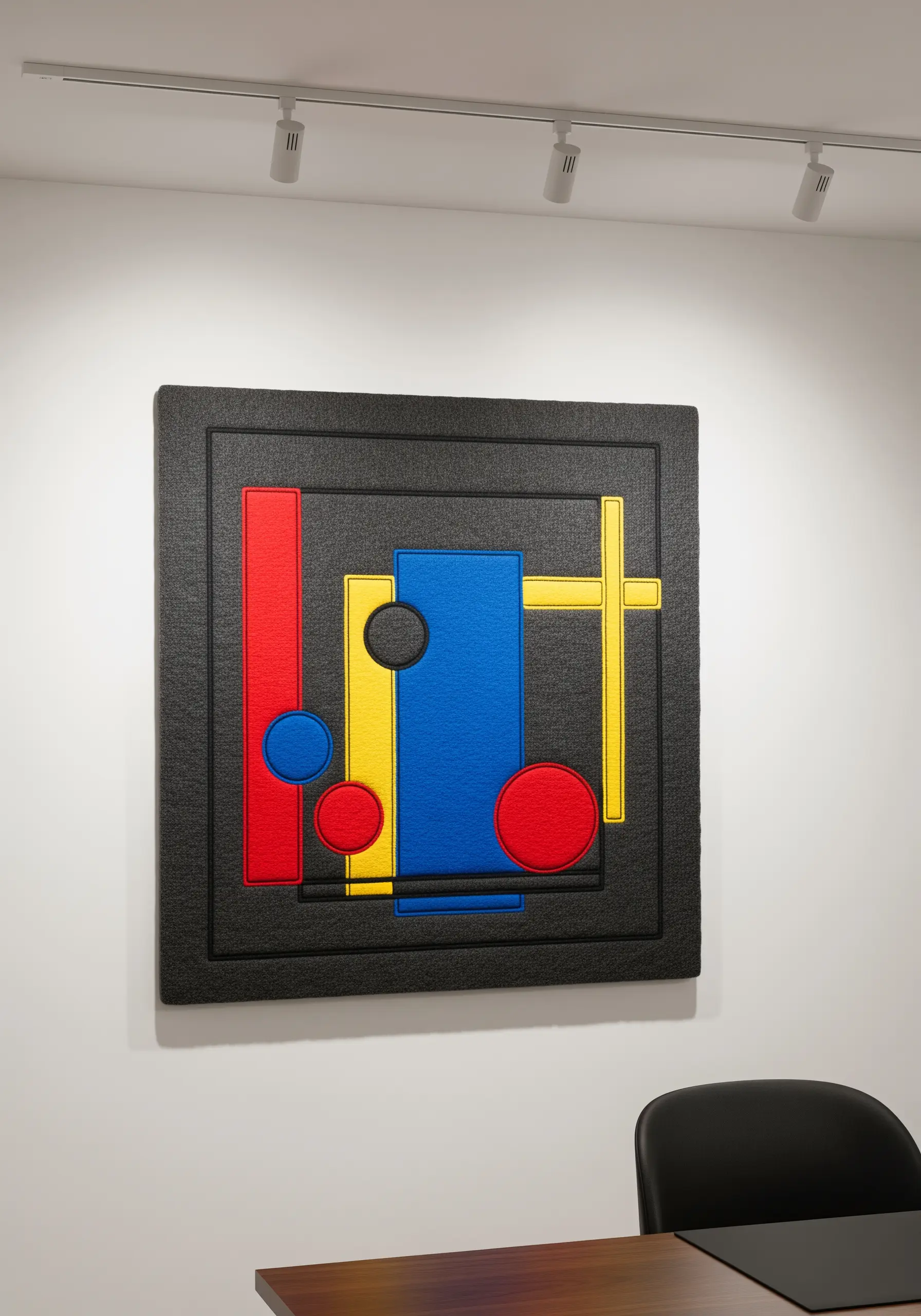 A modern abstract embroidery panel with raised red, blue, and yellow geometric shapes on black fabric.