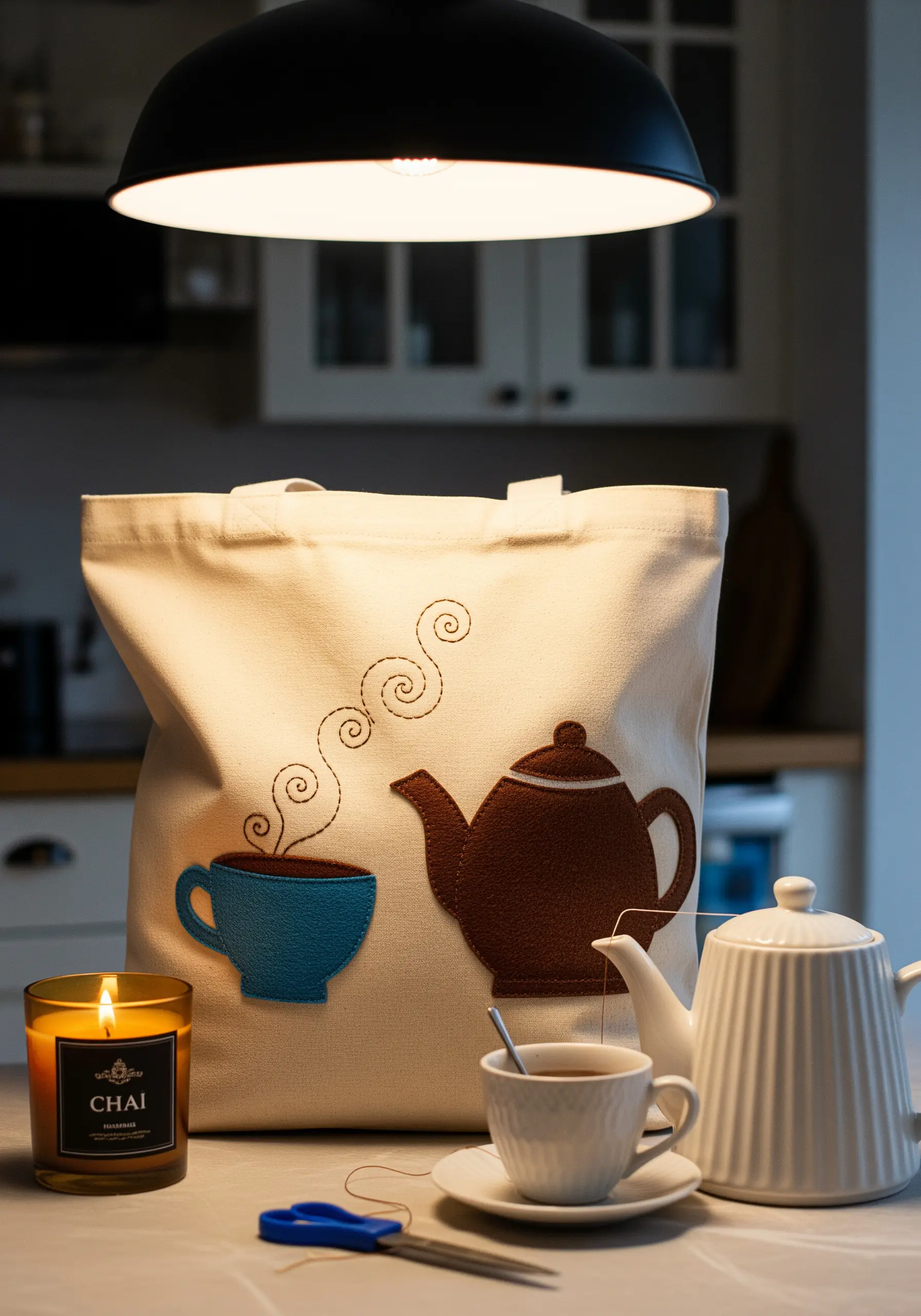 A tote bag decorated with felt appliqué of a teapot and cup, with embroidered steam.