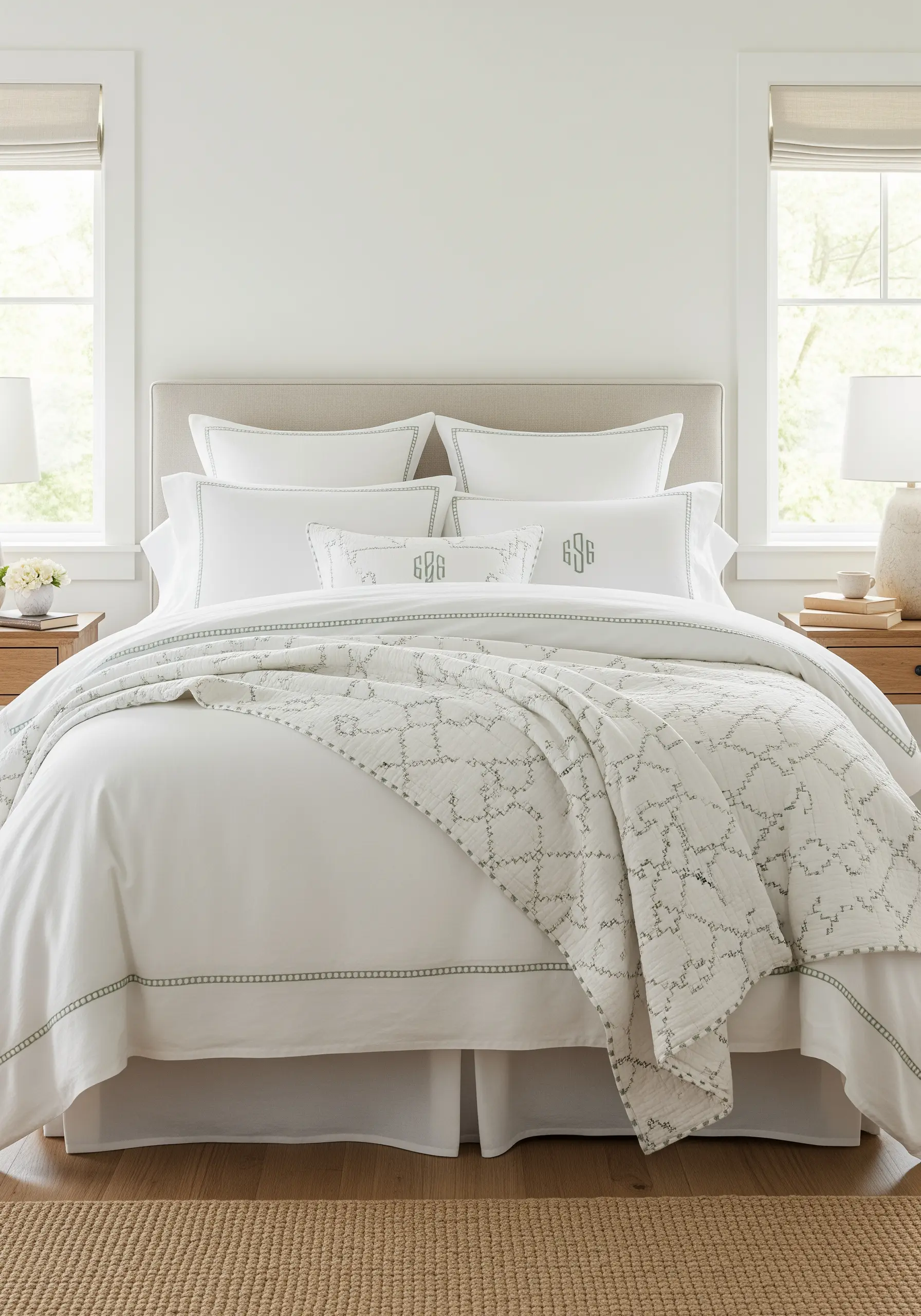 White pillowcases with a subtle, light green embroidered border and monogram.